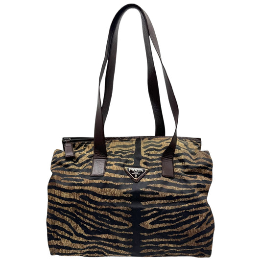 Prada Brown Zebra Print Nylon & Leather Shoulder Tote Bag - Outfit Repeater
