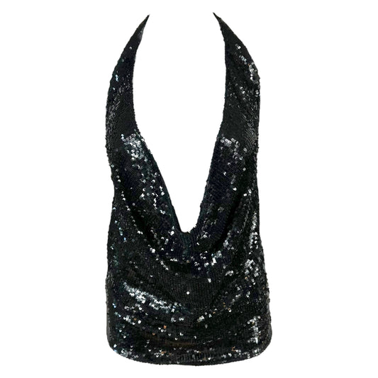 Donna Karan Signature 90's Black Sequin & Cashmere Halter Top