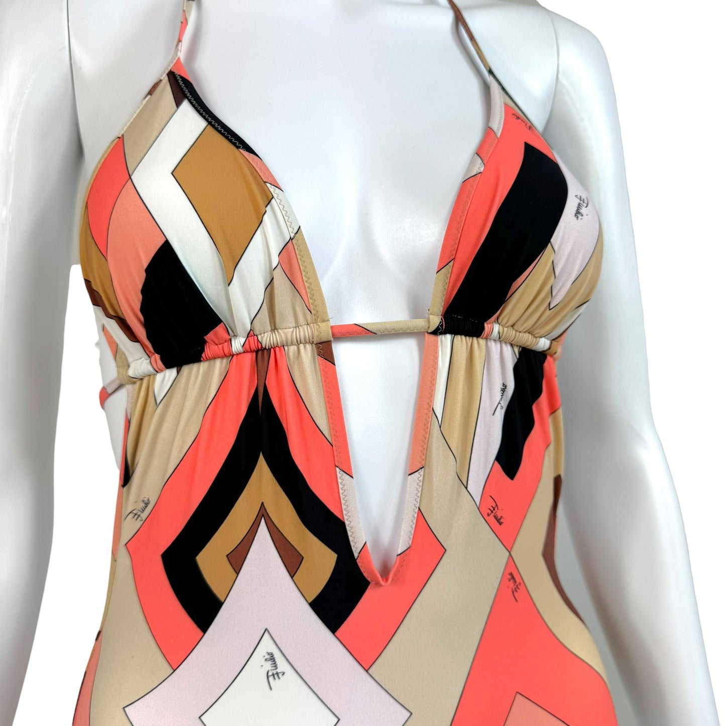 Emilio Pucci Coral & Beige Printed Backless One-Piece Swimsuit