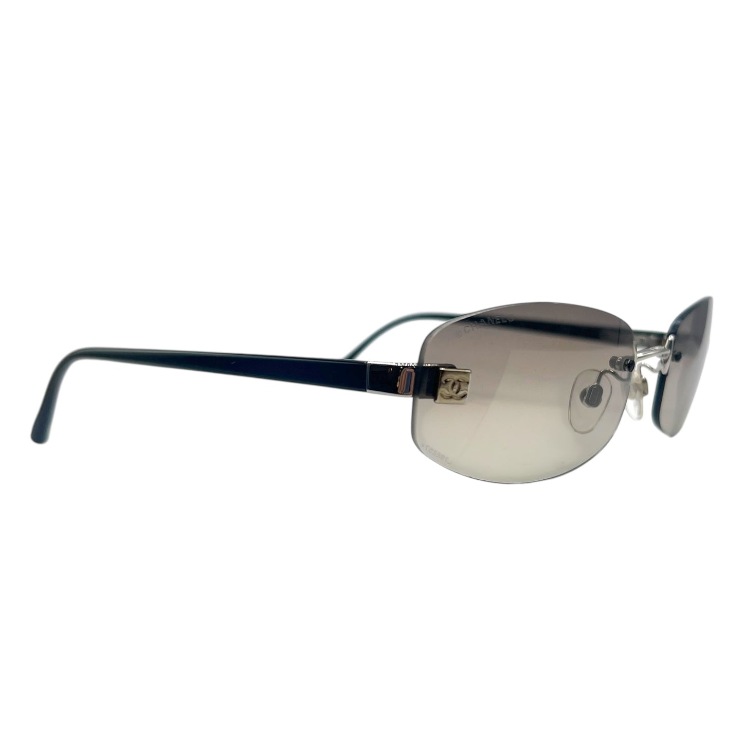 Chanel Gray & Black Logo Lens Rimless Oval Sunglasses 4067