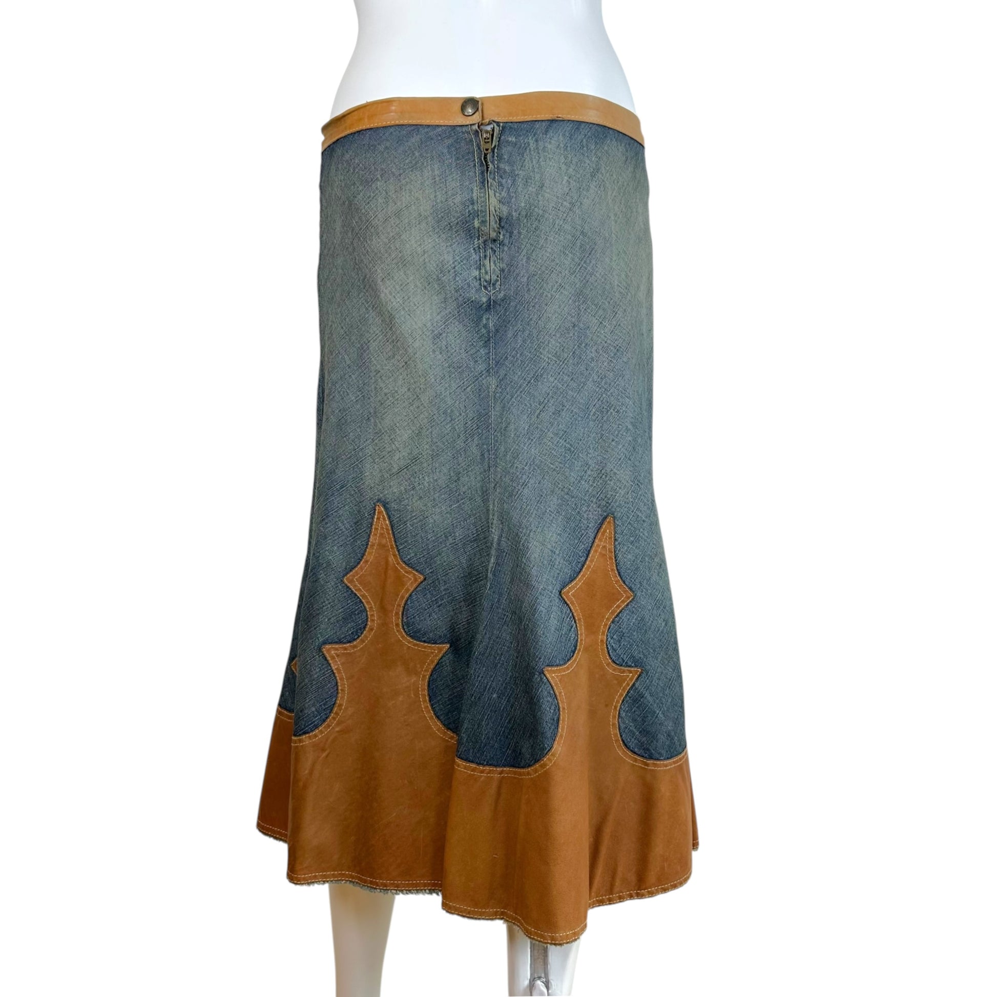 Dsquared2 Denim Tan Leather Patchwork Western Midi Skirt