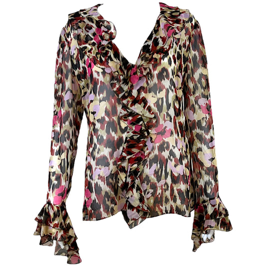 Roberto Cavalli Multicolor Flutter Sleeve Sheer Silk Blouse