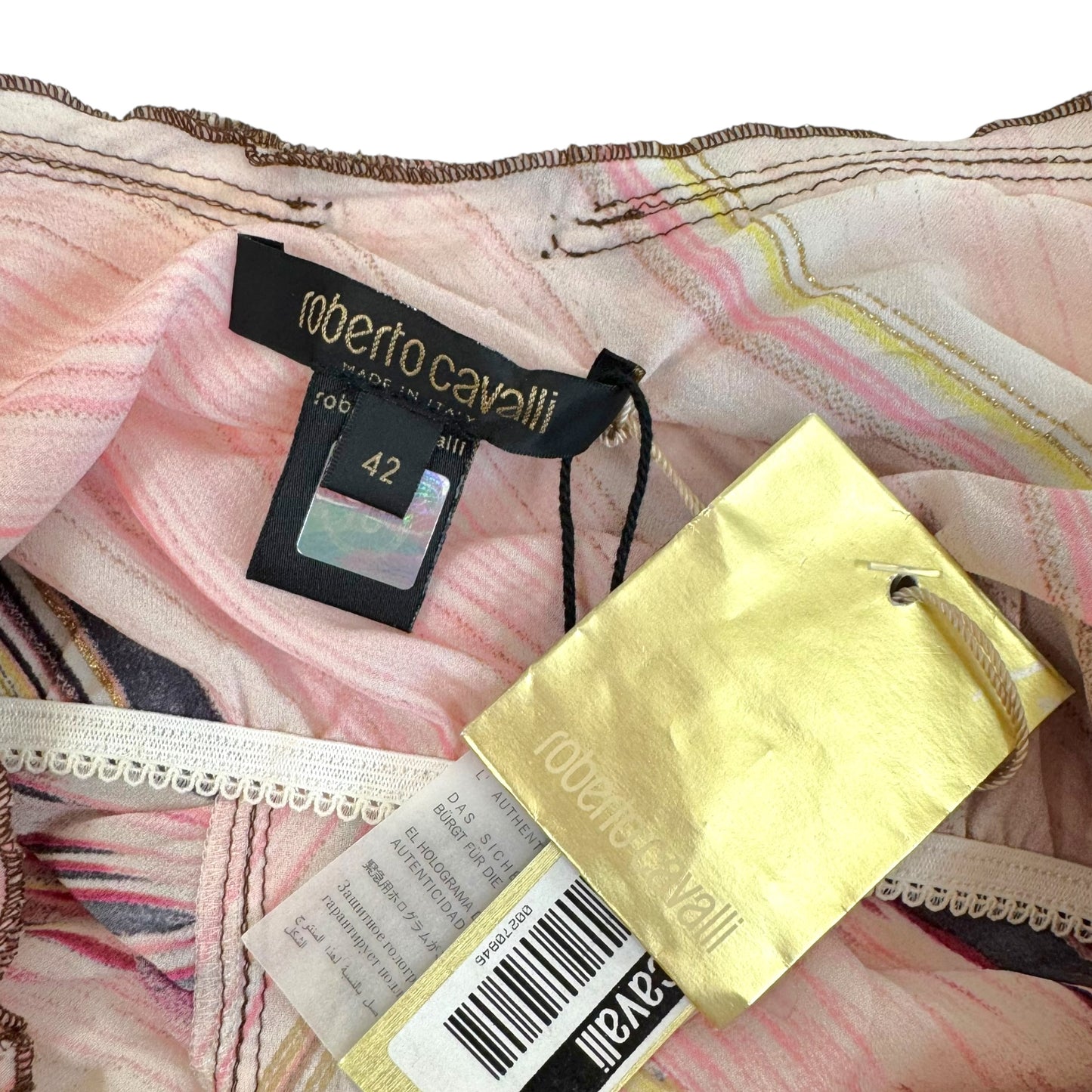 Roberto Cavalli 2003 Pink Multi Feather Print Lace Up Silk Tank & Capri Pants Set