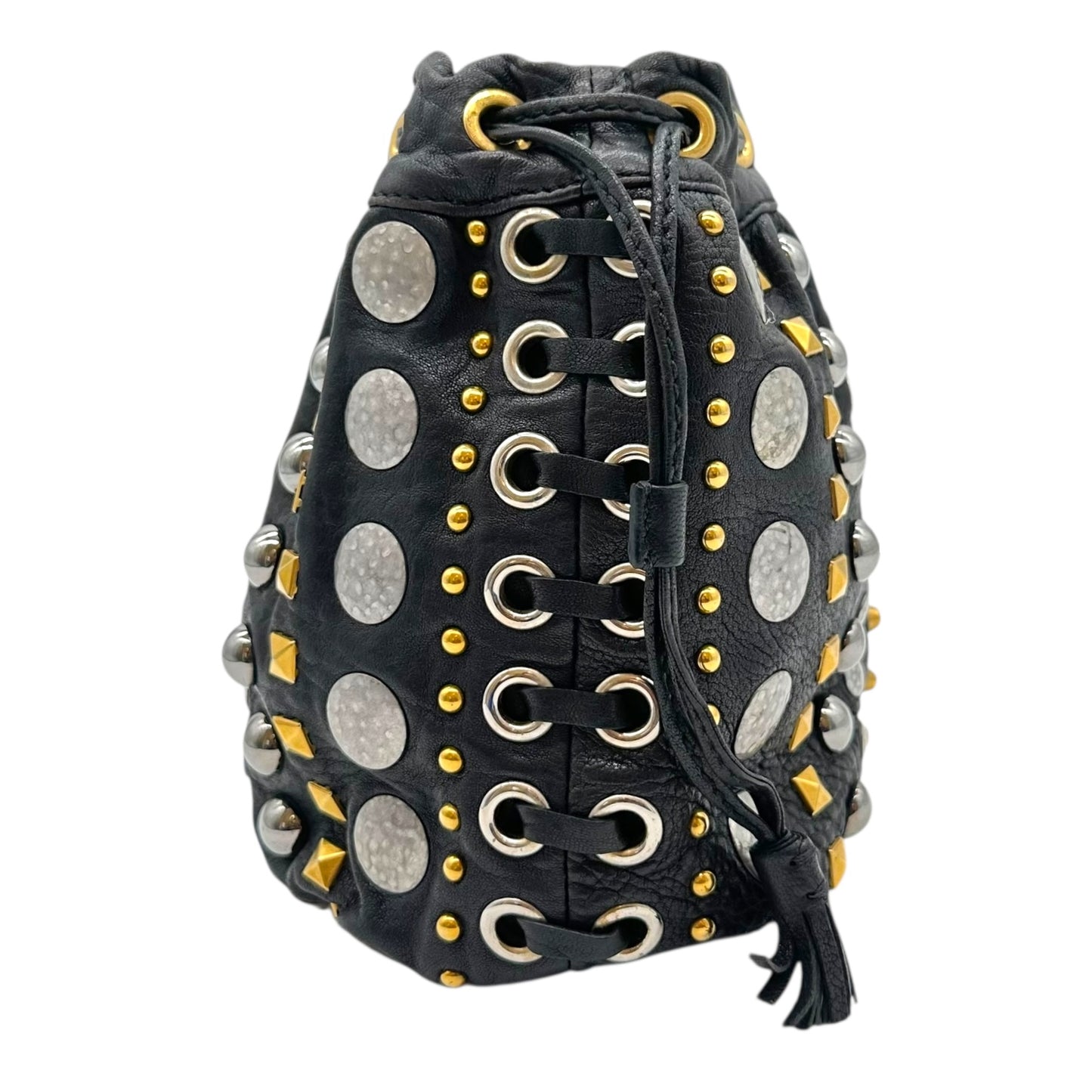 Miu Miu Silver & Gold Studded Mini Crossbody Bucket Bag - Outfit Repeater