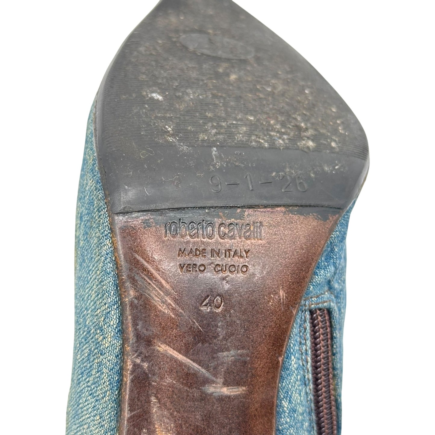 Roberto Cavalli Denim Embroidered Pointed Toe Heeled Boots