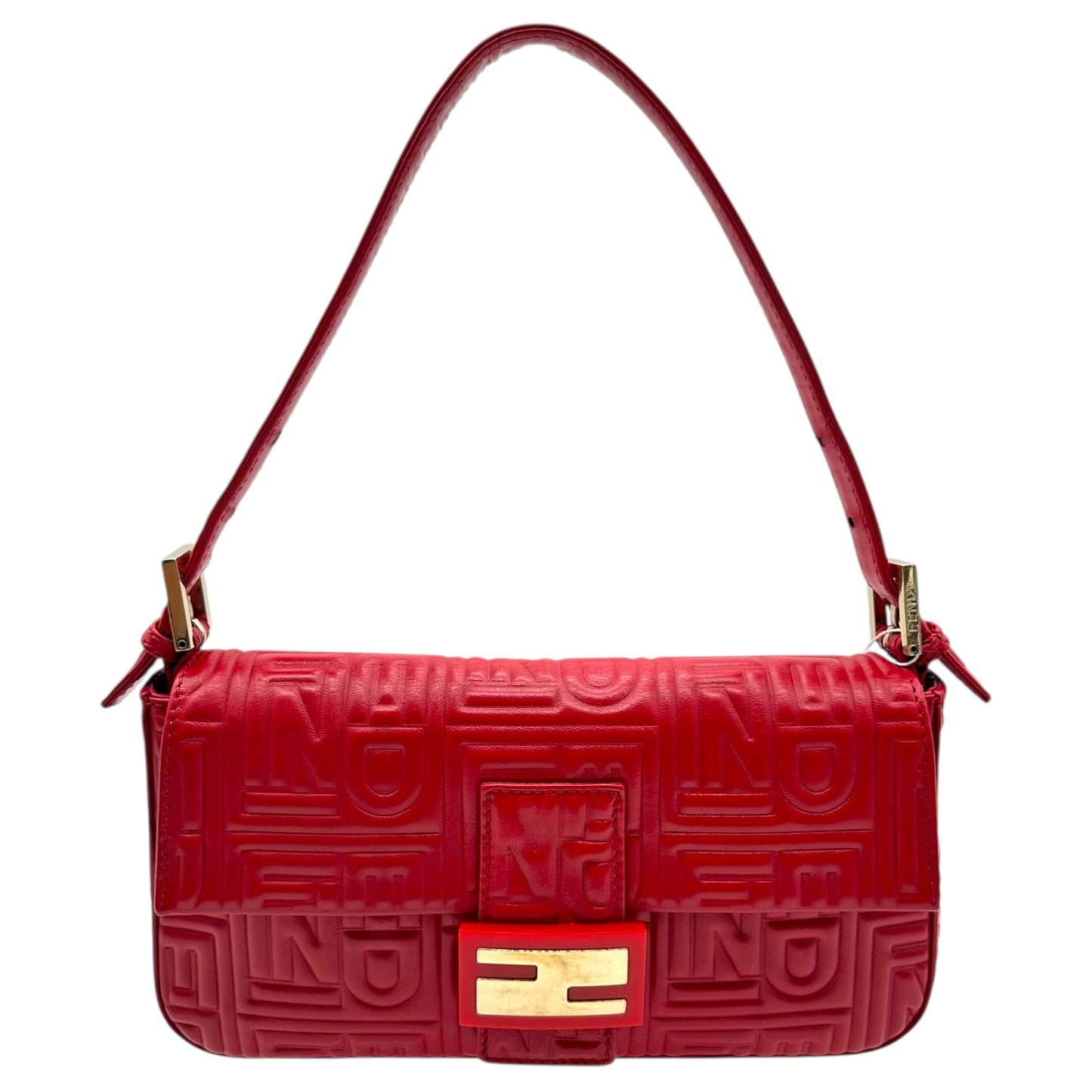 Fendi Red Leather Embossed Logo Baguette Bag