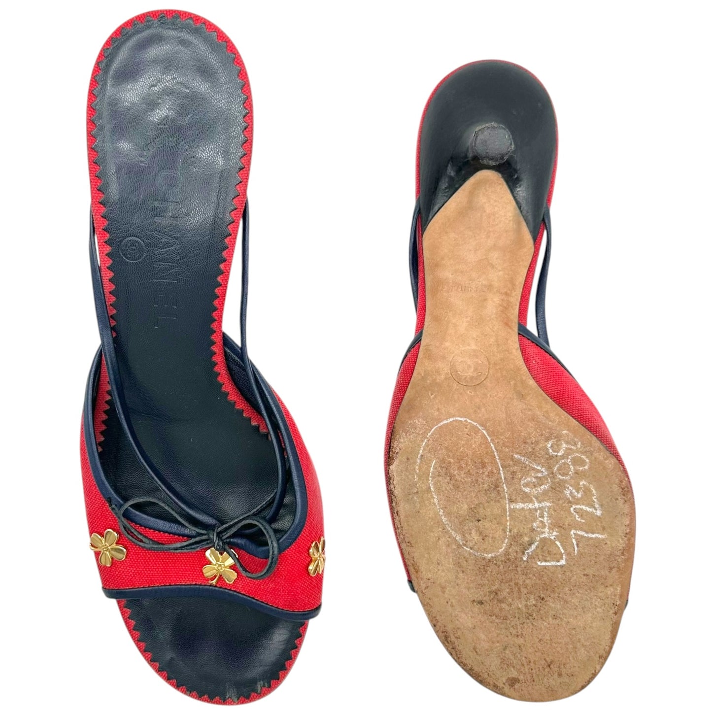 Chanel Red Navy Kitten Heel Mules Gold Clover Charms