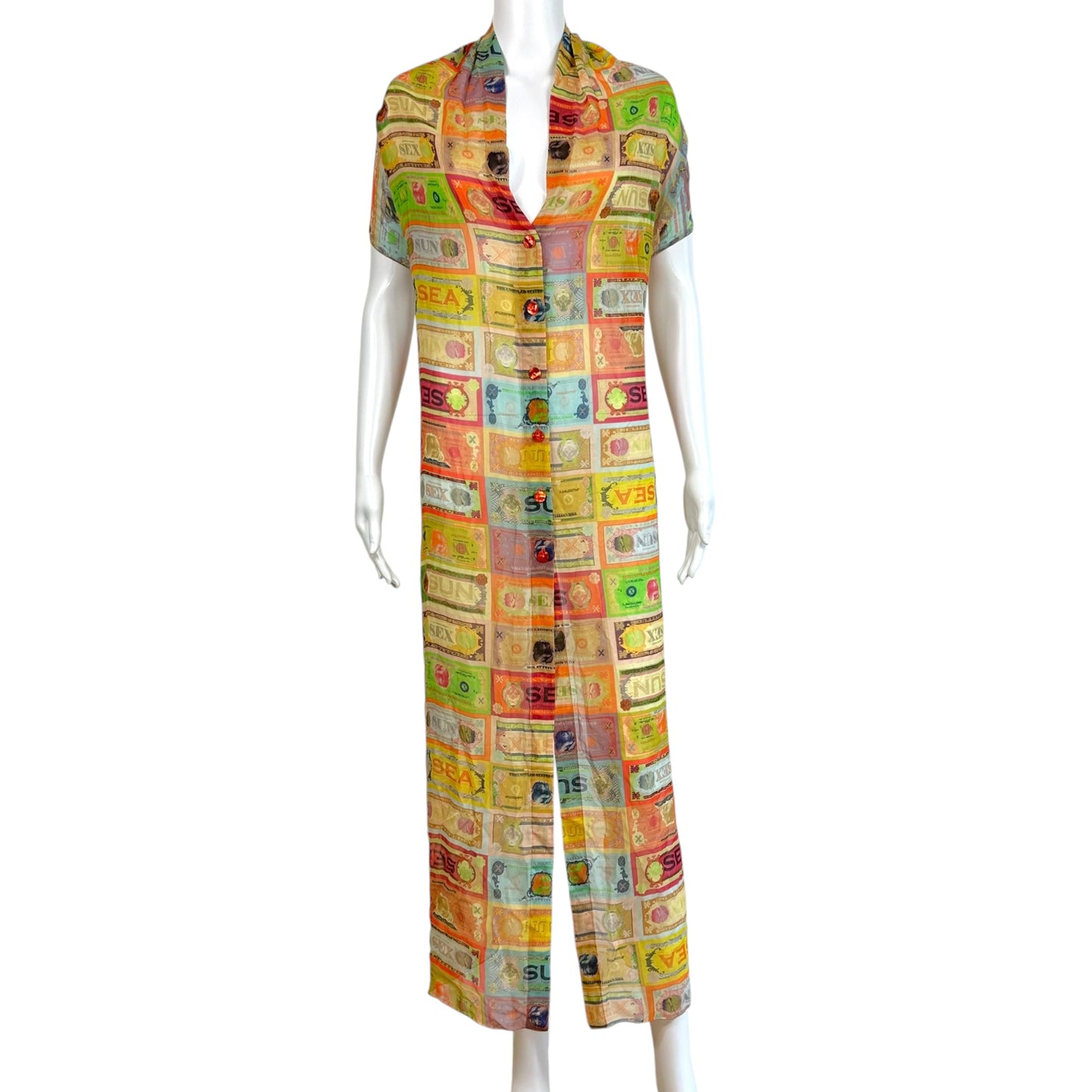 Jean Paul Gaultier Soleil Multicolor Money Print Backless Sheer Maxi Halter Top