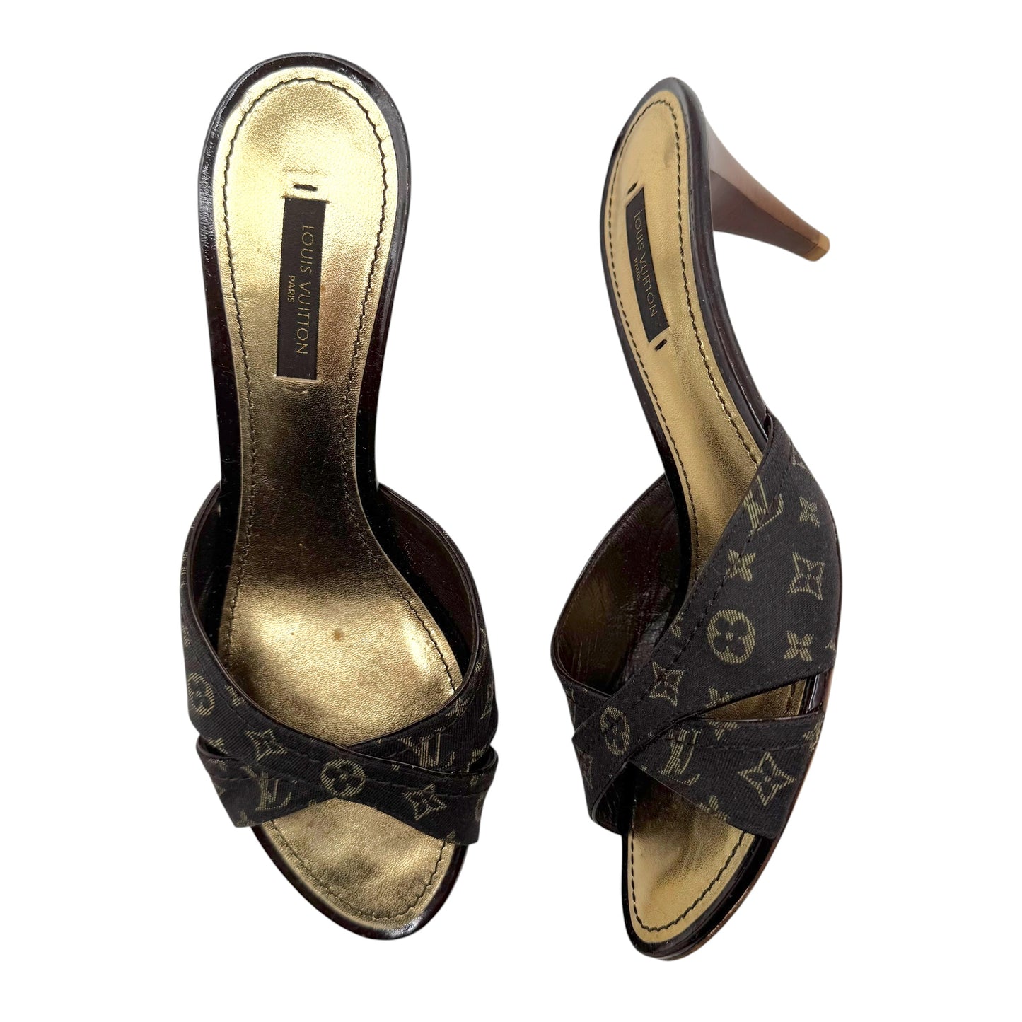 Louis Vuitton Brown Lin Monogram Kitten Heel Mules