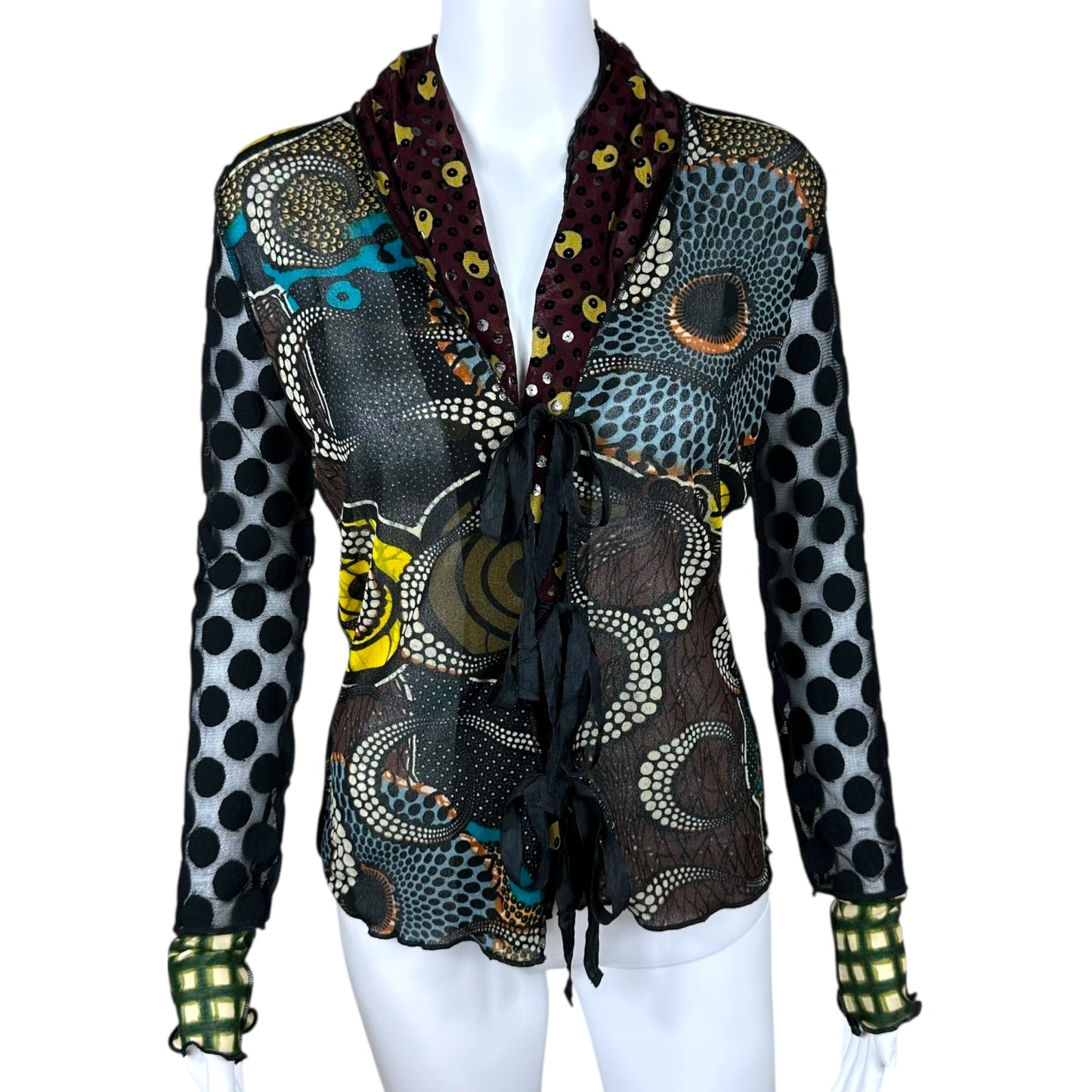 Jean Paul Gaultier Soleil Multi-Print Polka Dot Tie Front Cardigan Top NEW