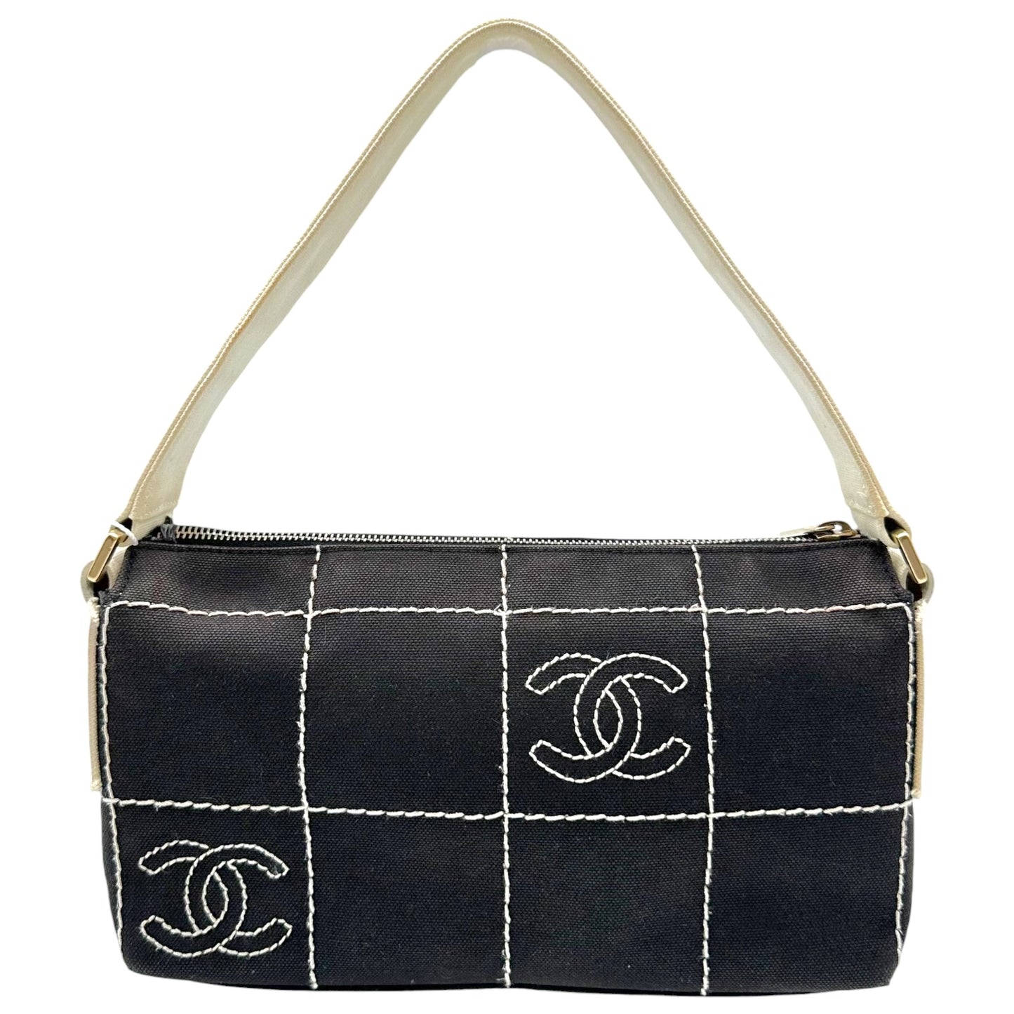 Chanel Canvas Shoulder Bag Gray White Chocolate Bar CC Logo