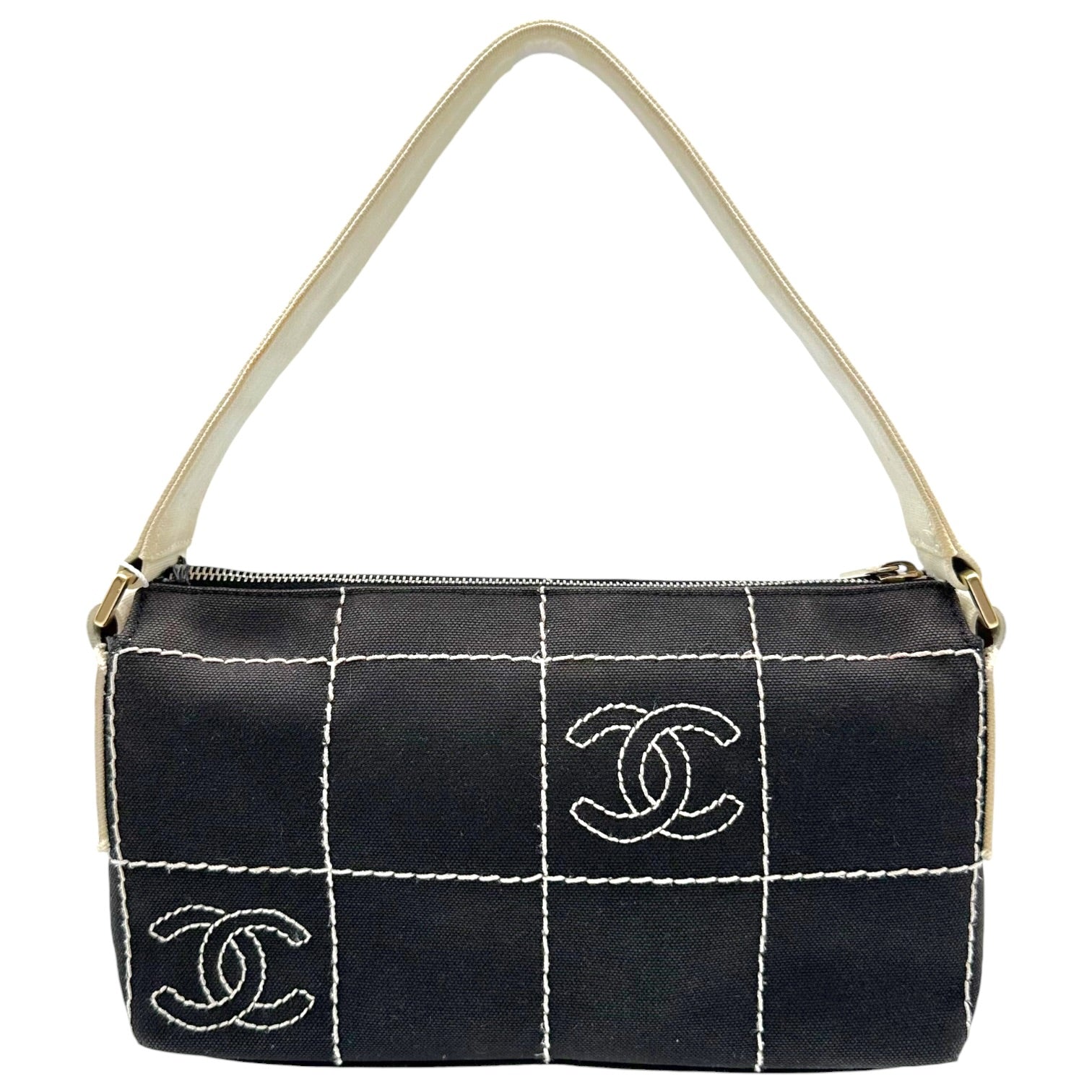 Chanel Canvas Shoulder Bag Gray White Chocolate Bar CC Logo