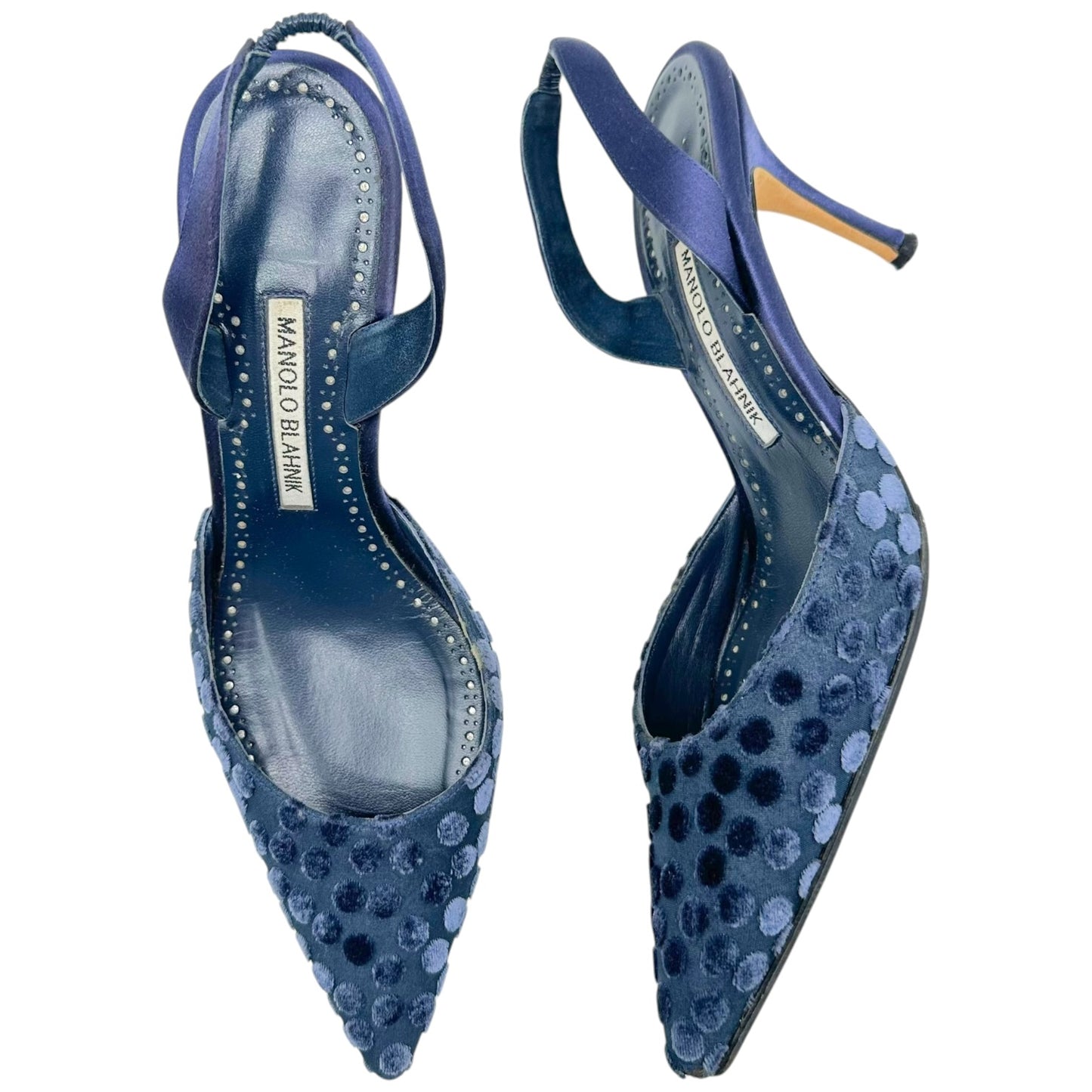 Manolo Blahnik Navy Blue Velvet Polka Dot Slingback Heels