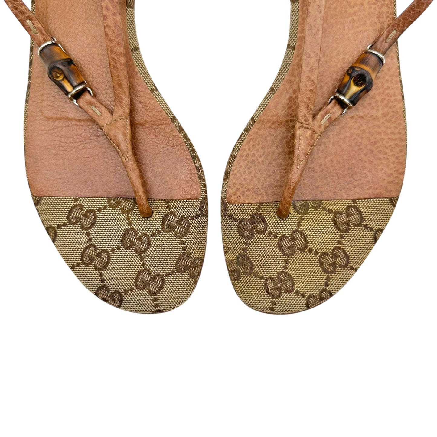 Gucci Tan Monogram Leather Bamboo Flip Flops Size 38.5