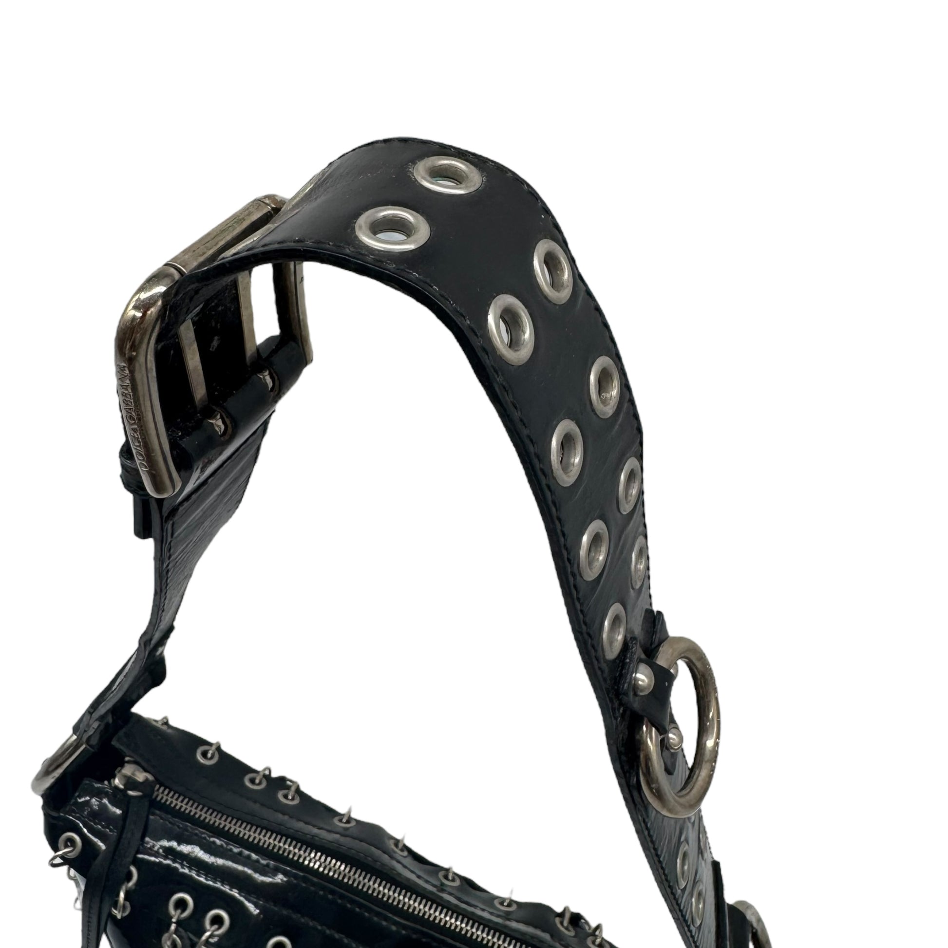 Dolce & Gabbana Black Patent Leather Pierced & Studded Shoulder Bag - Outfit Repeater