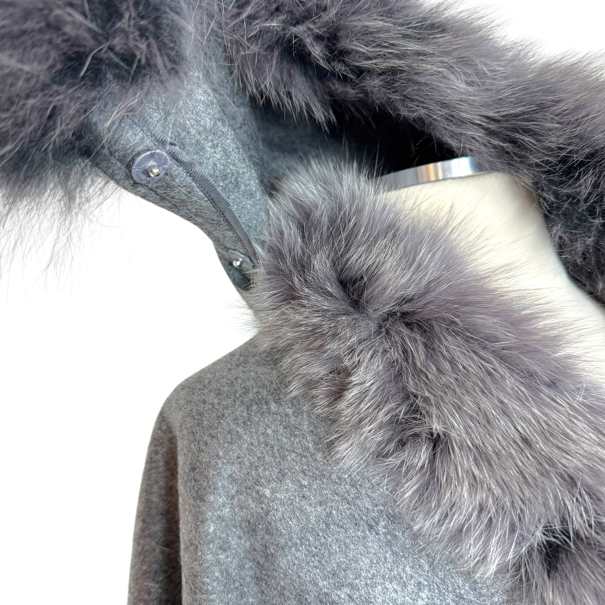 Balmain Gray Wool Fox Fur Cape