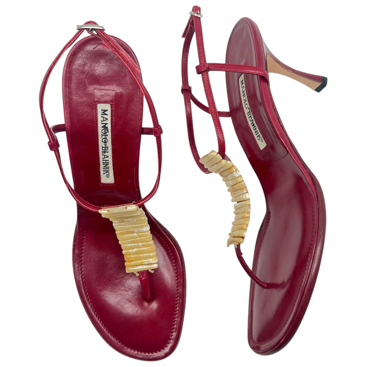 Manolo Blahnik Red Leather Thong Heeled Sandals