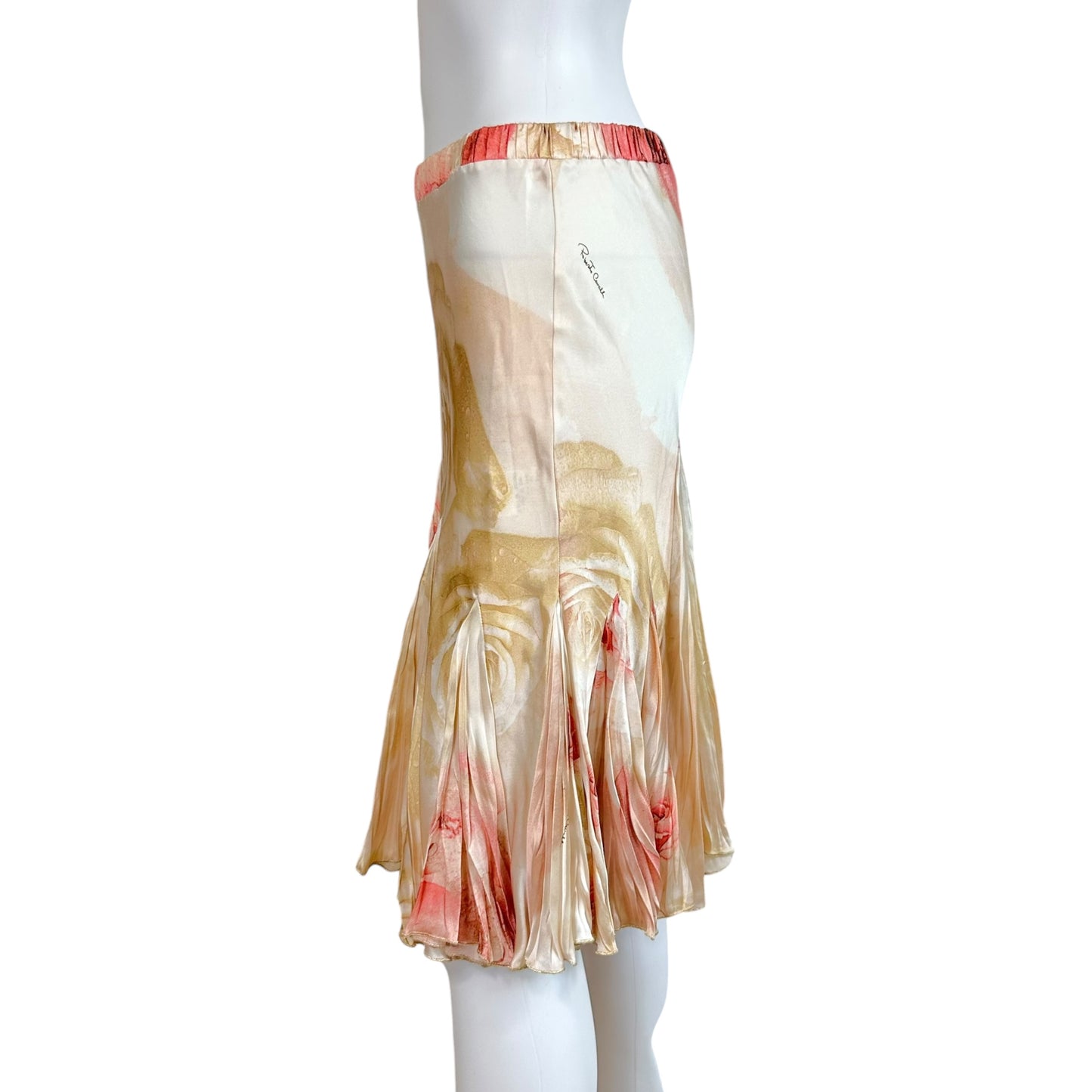 Roberto Cavalli 2004 Light Pink Rose Print Silk Pleated Midi Skirt