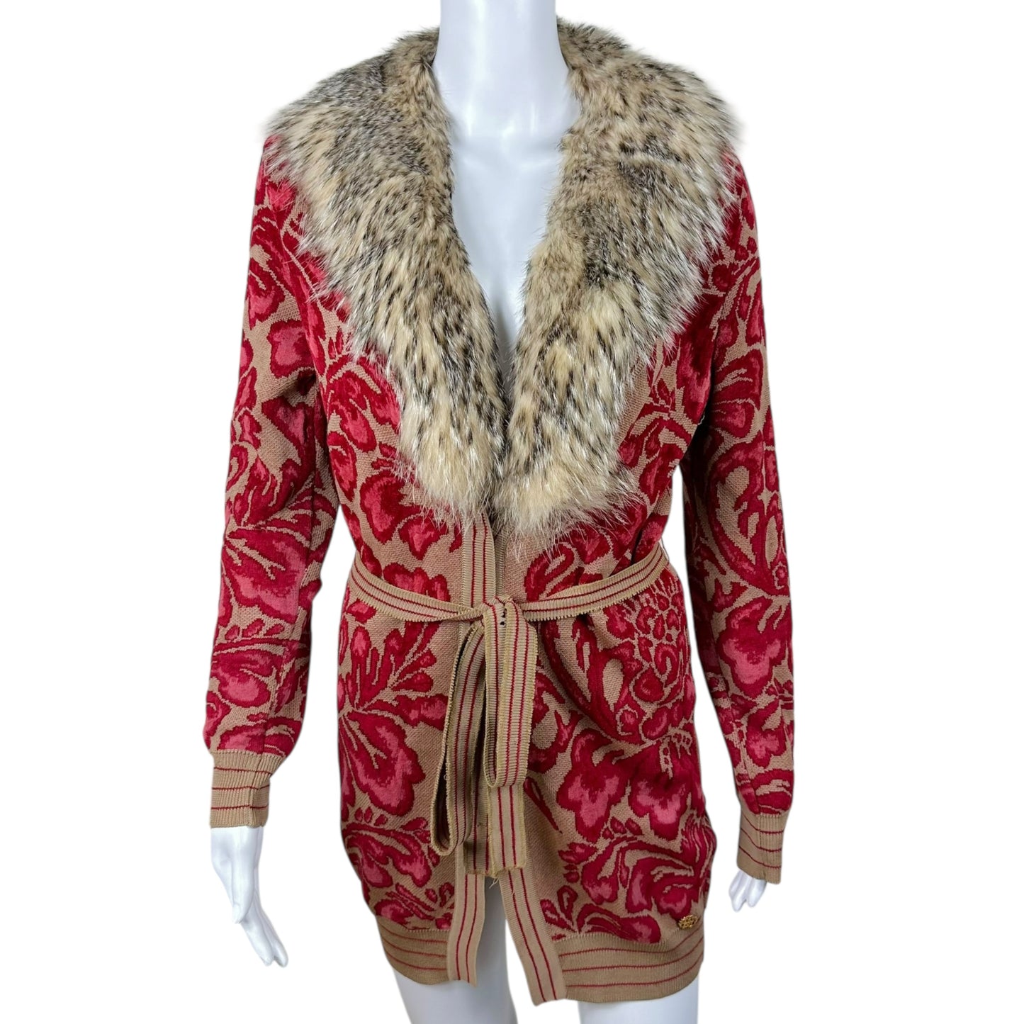 Roberto Cavalli Fox Fur Trim Patterned Knit Longline Cardigan