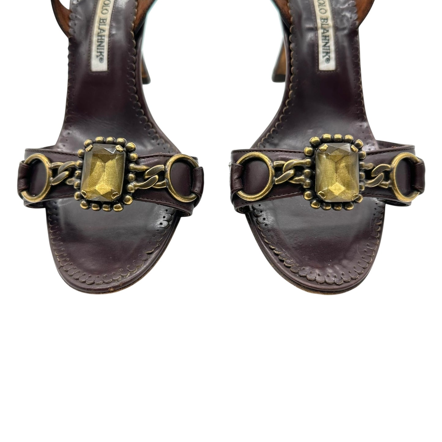 Manolo Blahnik Brown Stone & Chain Embellished Heels