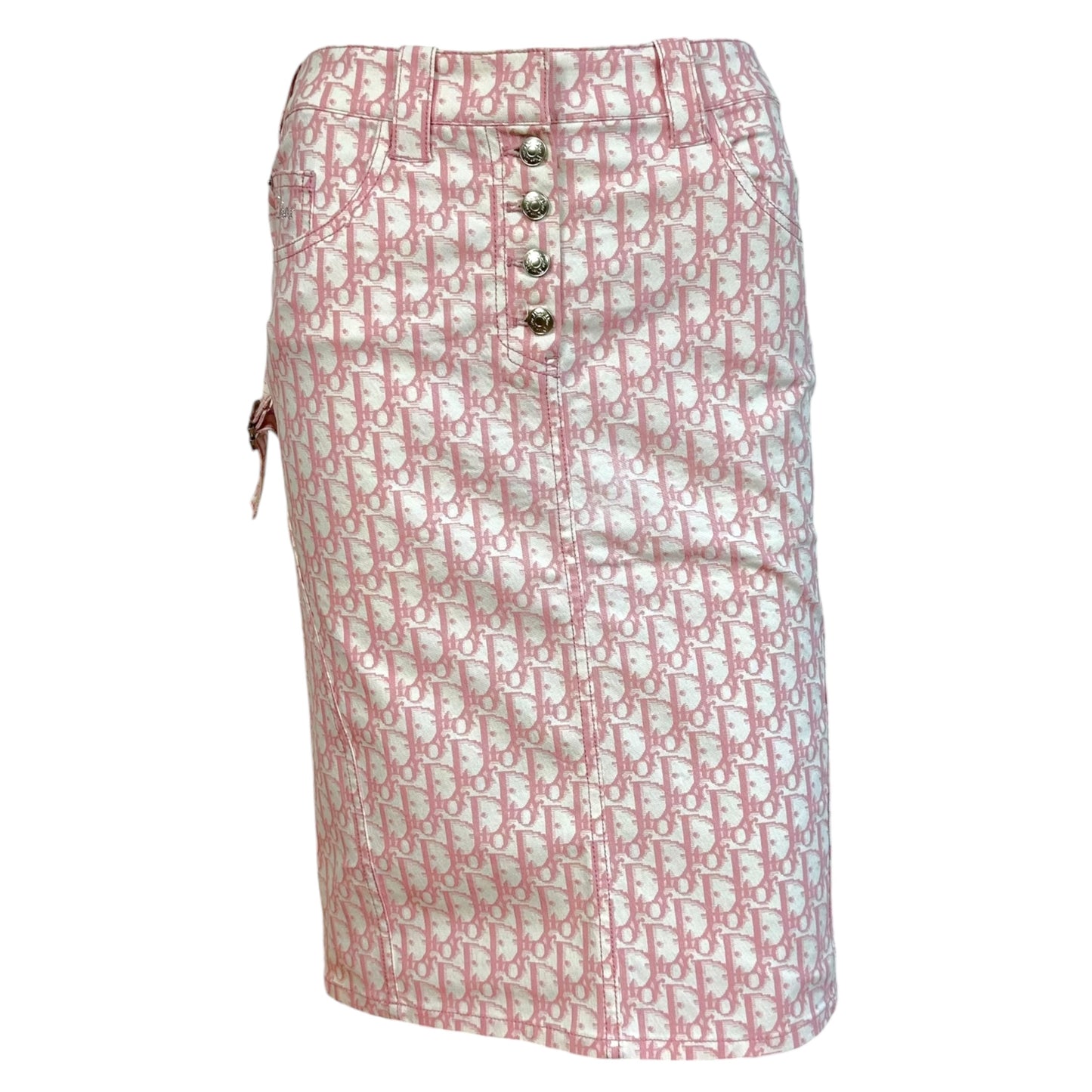 Christian Dior S/S 2004 Pink & White Trotter Monogram Denim Midi Skirt
