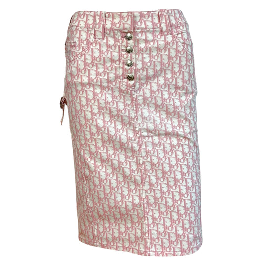 Christian Dior Denim Midi Skirt Pink White Trotter Monogram
