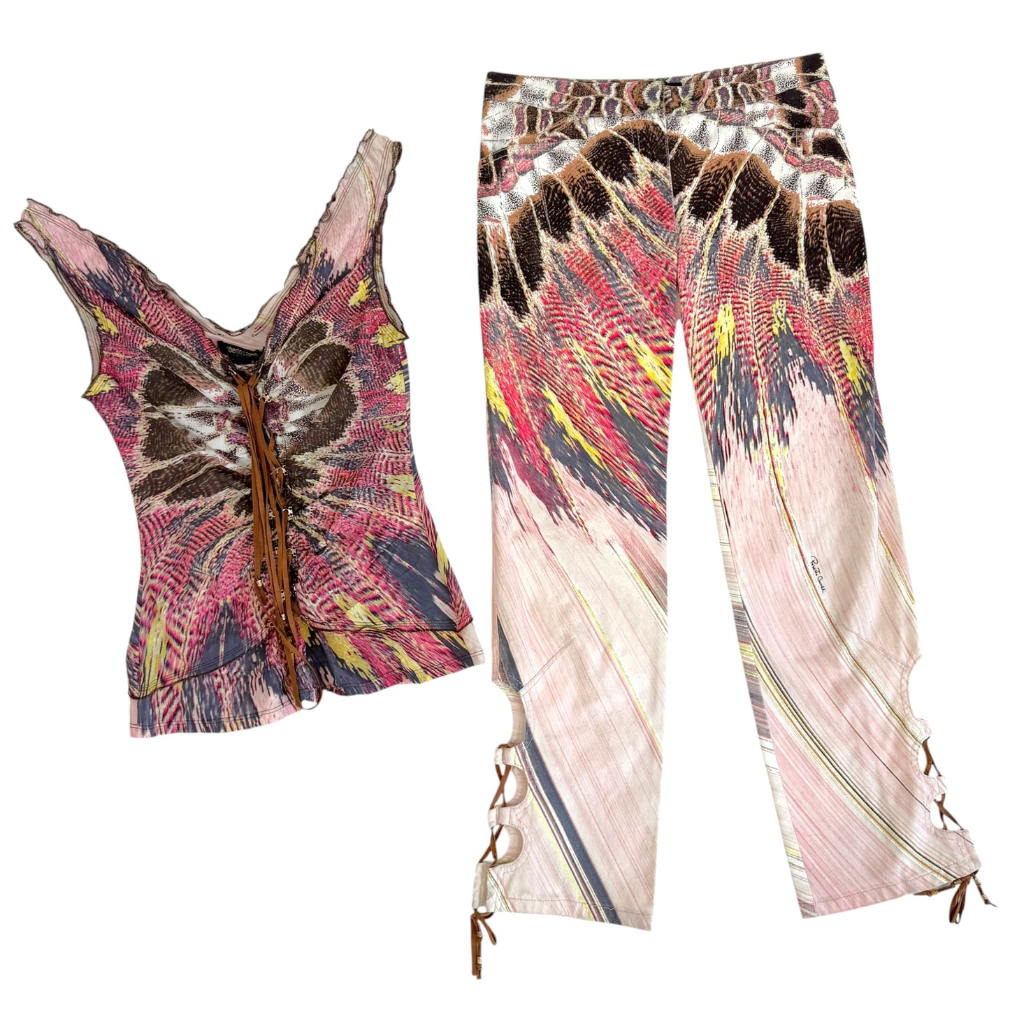 Roberto Cavalli 2003 Pink Multi Feather Print Lace Up Silk Tank & Capri Pants Set