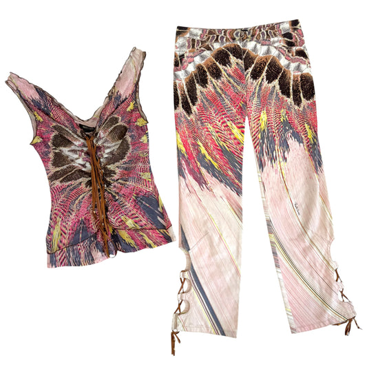 Roberto Cavalli 2003 Pink Multi Feather Print Lace Up Silk Tank & Capri Pants Set