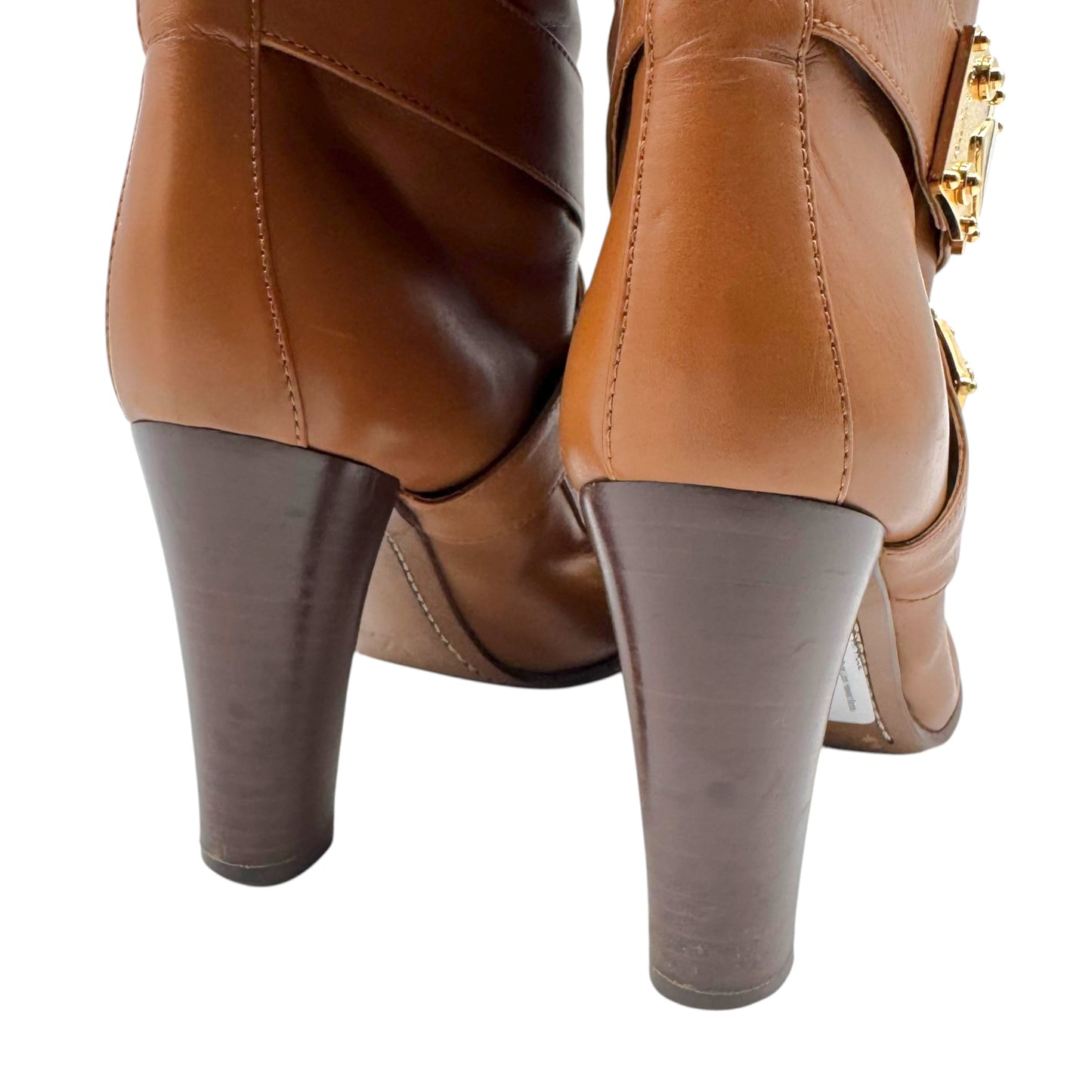 Louis Vuitton Tan Leather & Gold Trunk Lock Heeled Boots