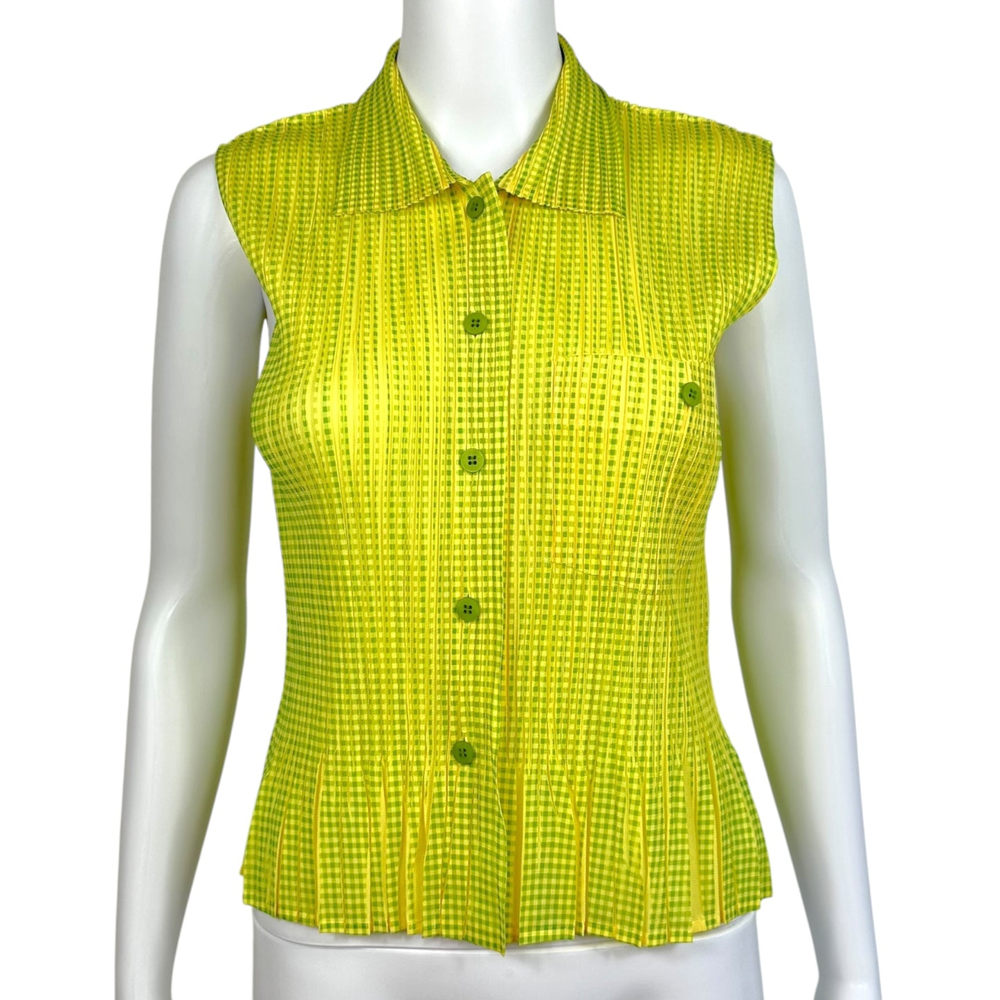 Issey Miyake Pleats Please Yellow & Green Gingham Print Pleated Button Up Sleeveless Blouse