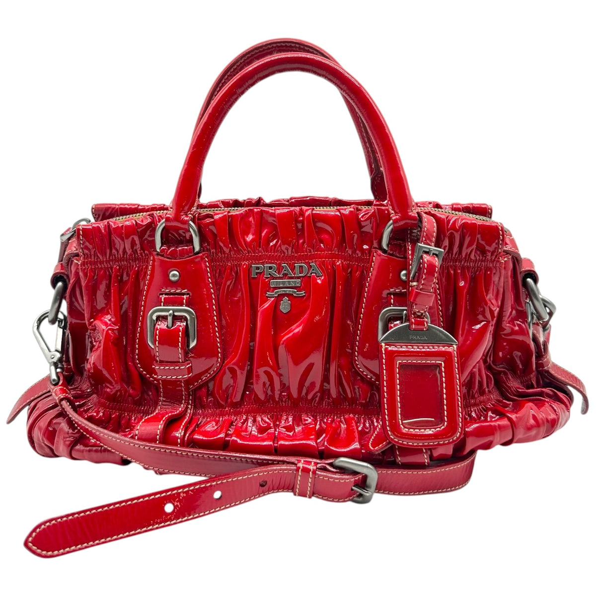 Prada Red Ruched Patent Leather 2-Way Bag