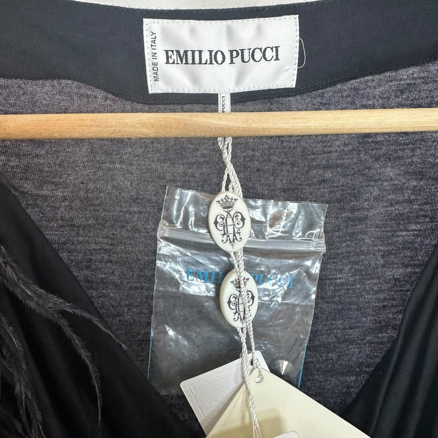 Emilio Pucci Black Cowl Neck Blouse Feather Trim