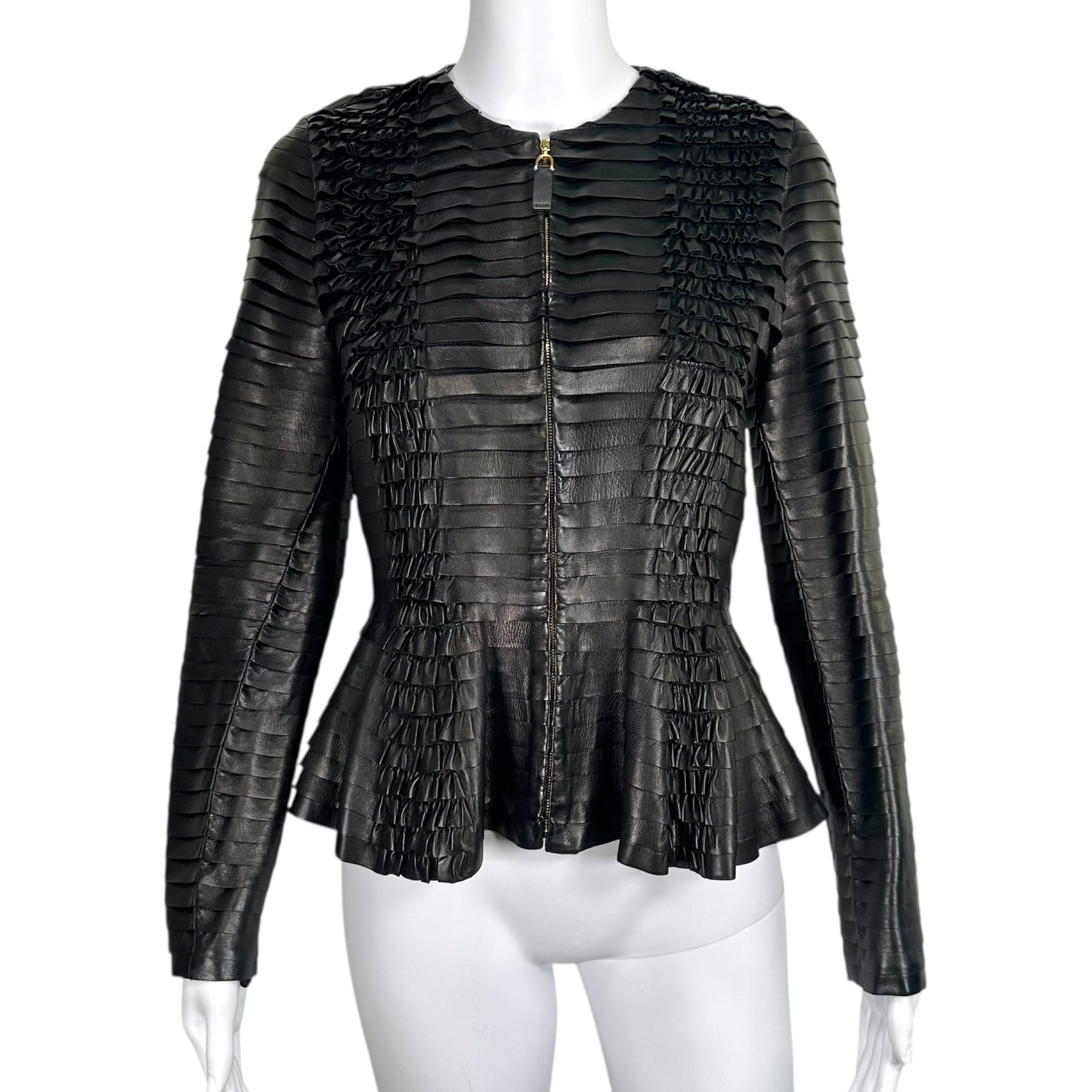 Gucci Black Lambskin Leather Ruffle Peplum Jacket