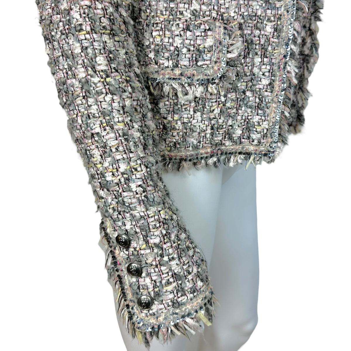 Chanel Tweed Blazer Jacket Pink Gray Sequin Trim
