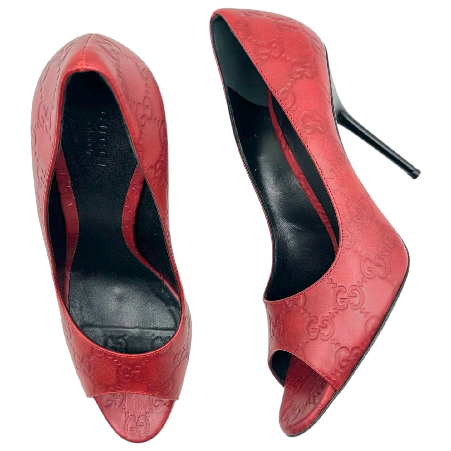 Gucci Red Guccissima Embossed Monogram Peep Toe Pumps