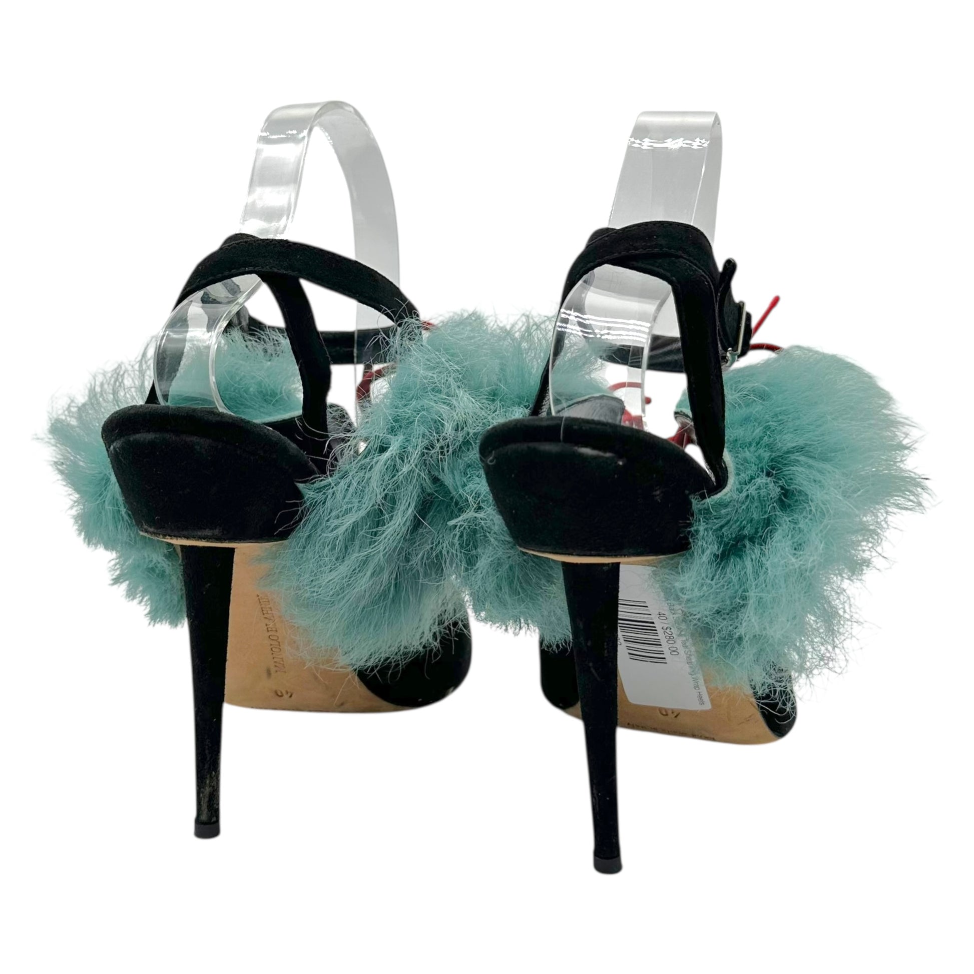 Manolo Blahnik Black Suede Teal Shearling Wrap Heels