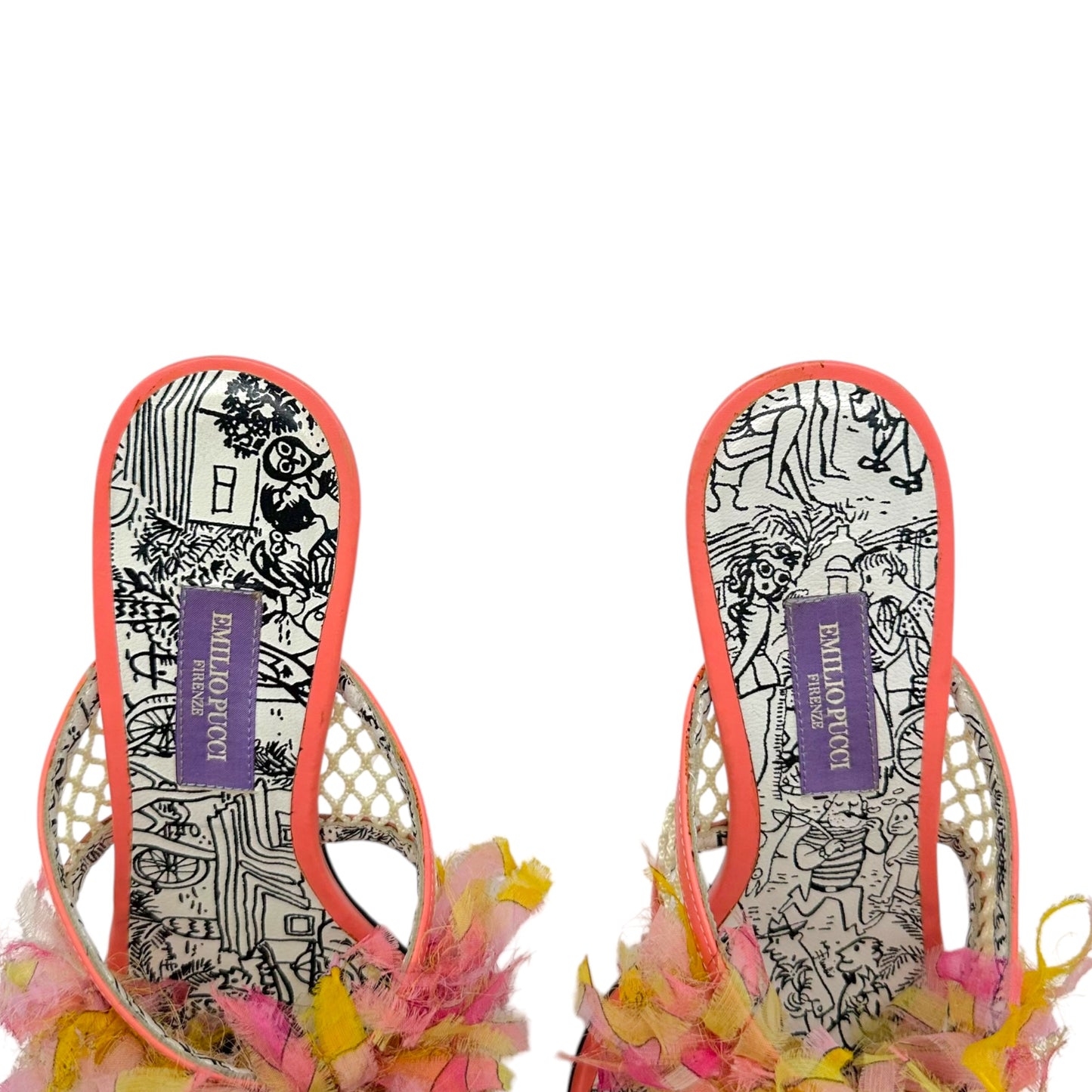 Emilio Pucci Light Pink & Yellow Silk Fringe Trim Heeled Flip Flops