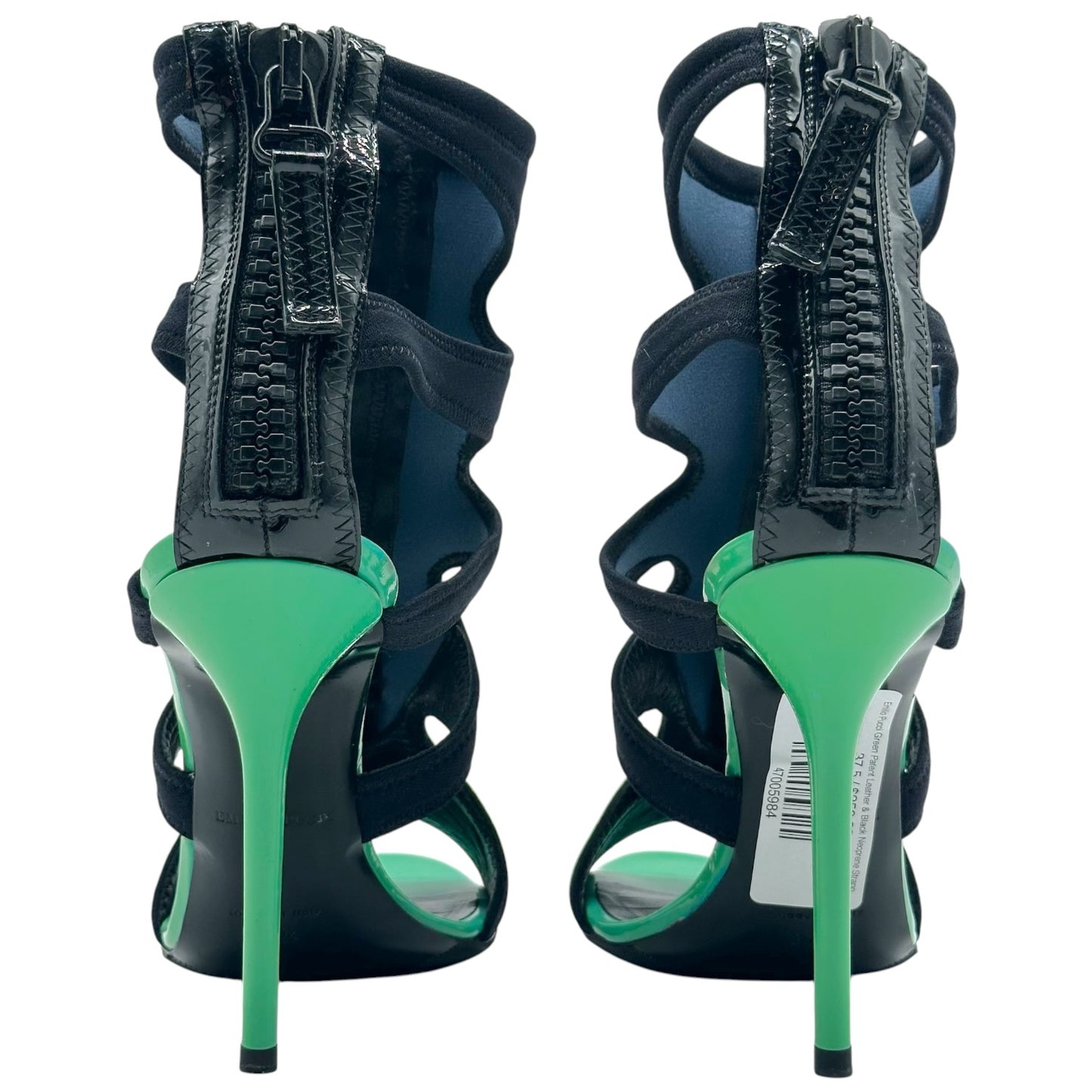 Emilio Pucci Green Patent Leather & Black Neoprene Strappy Stiletto Sandals