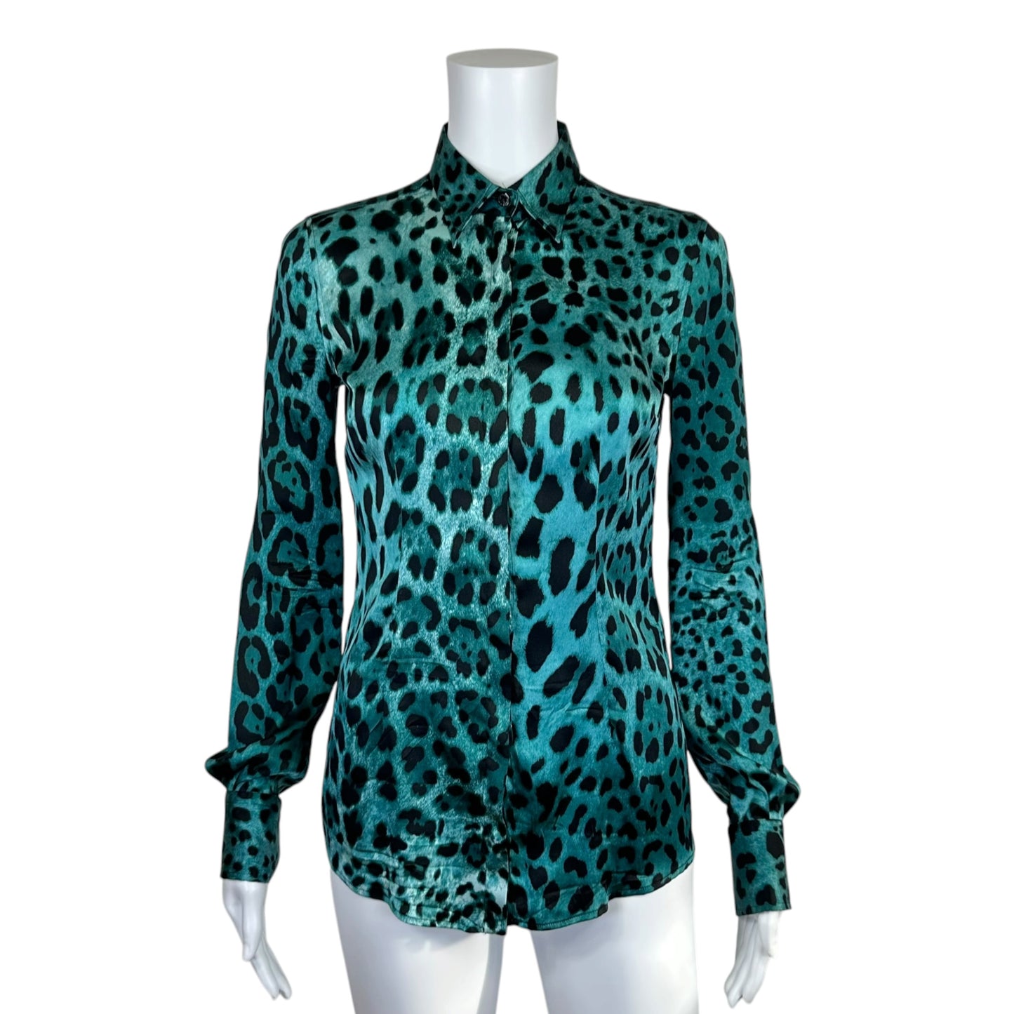 Dolce & Gabbana Turqiouse Blue Leopard Print Silk Blouse