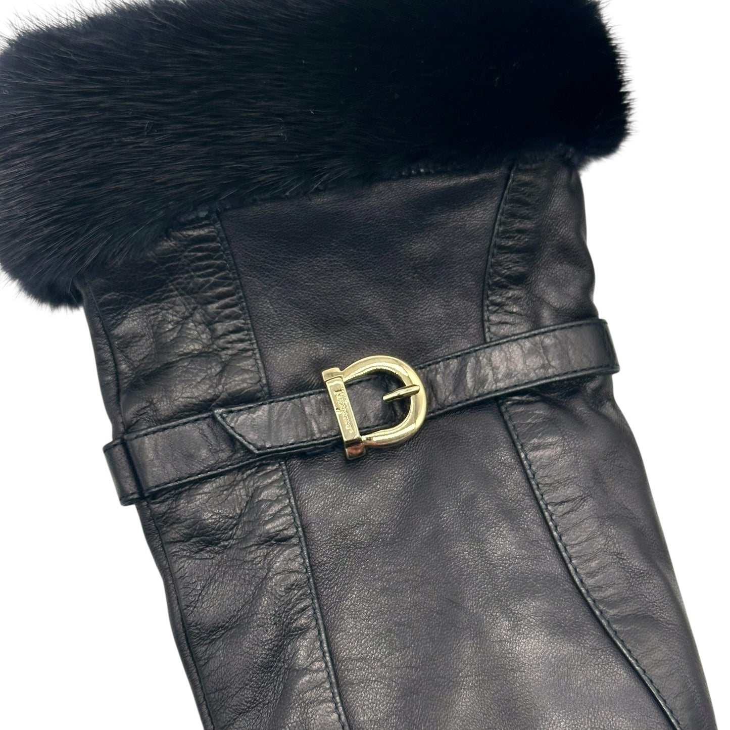 Salvatore Ferragamo Black Leather & Mink Gloves