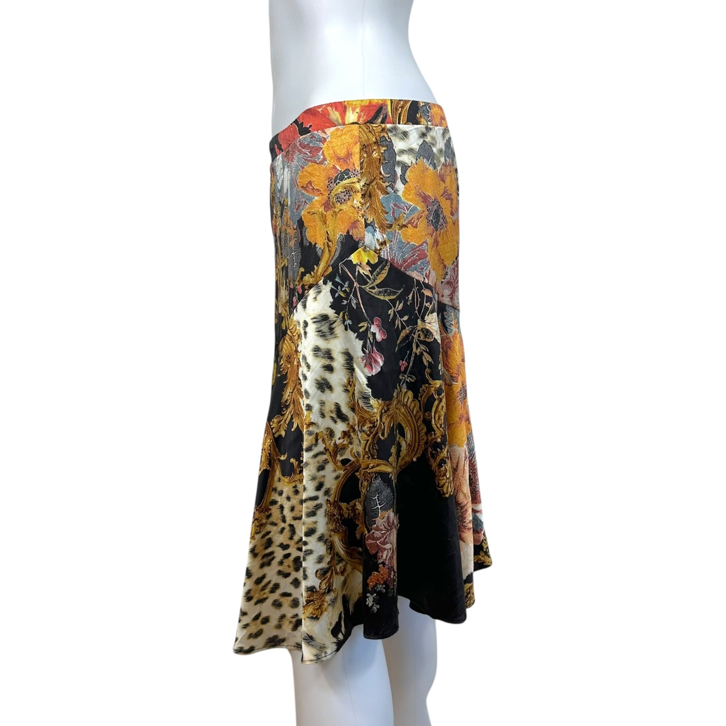 Roberto Cavalli 2005 Leopard Print & Floral Silk Midi Skirt