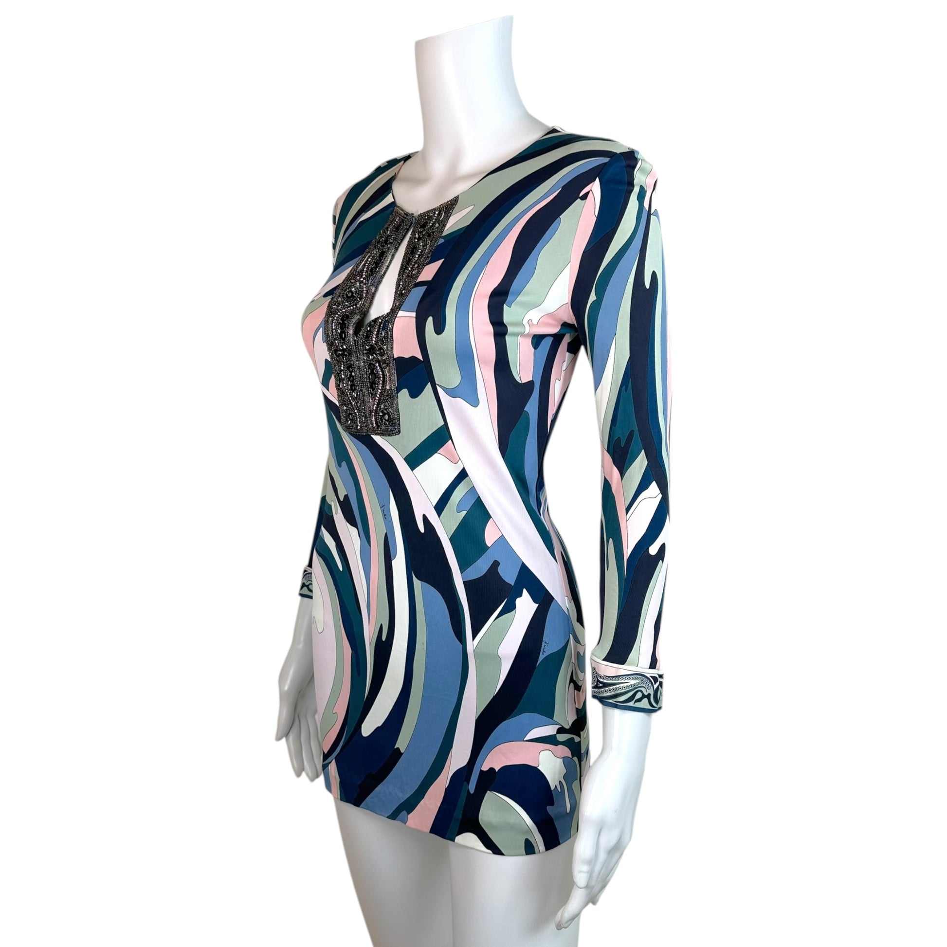 Emilio Pucci Longsleeve Mini Dress Pink Teal Beaded Neckline