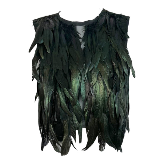 Nicole Miller Atelier Black Leather & Iridescent Green Feather Embellished Cropped Top