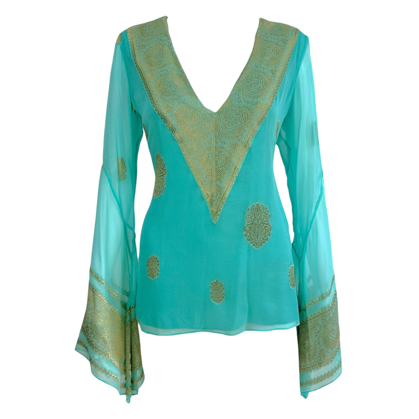 Ralph Lauren Black Label Turquoise & Gold Paisely Patterned Silk Blouse