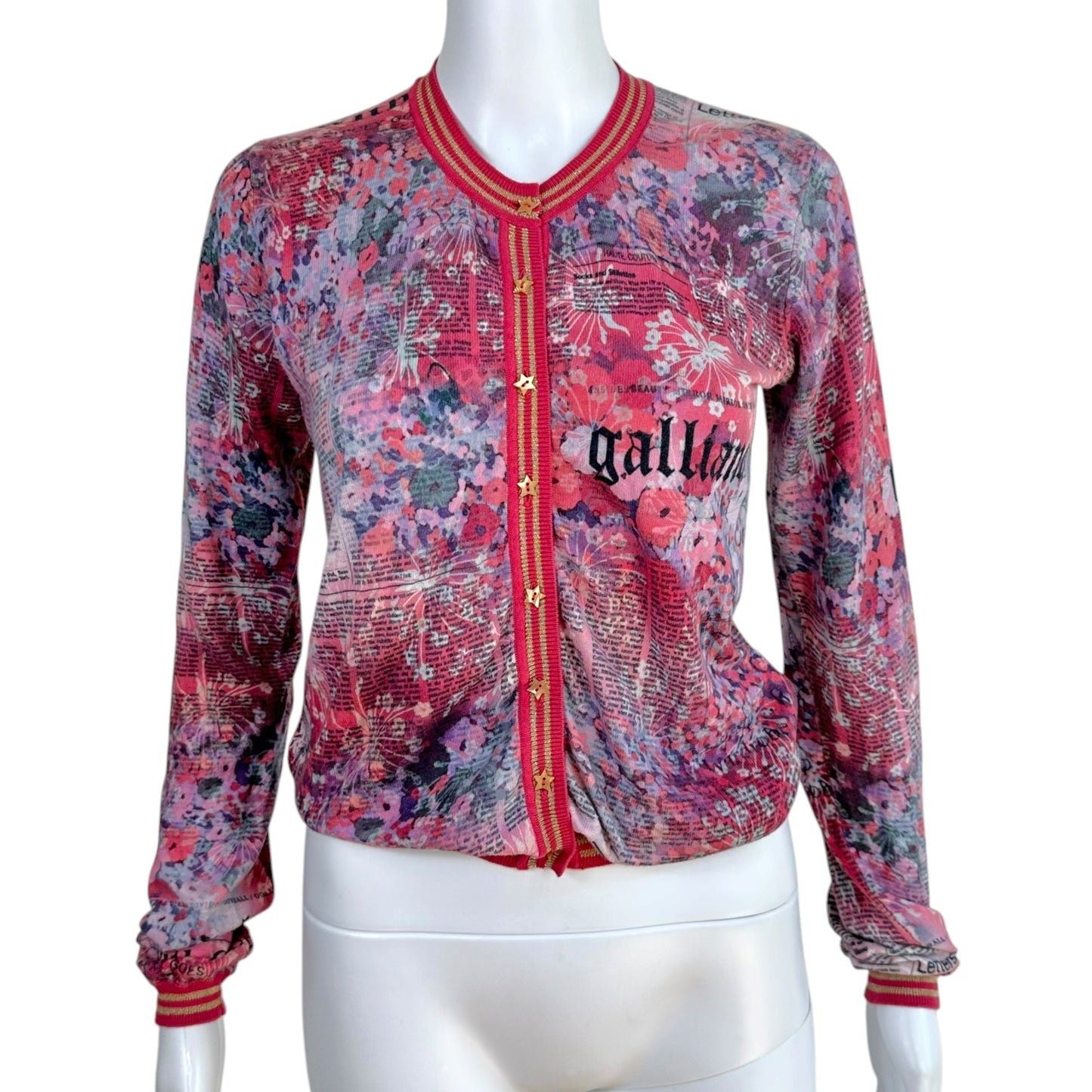 Galliano Pink & Purple Floral Gazette Newsprint Cardigan
