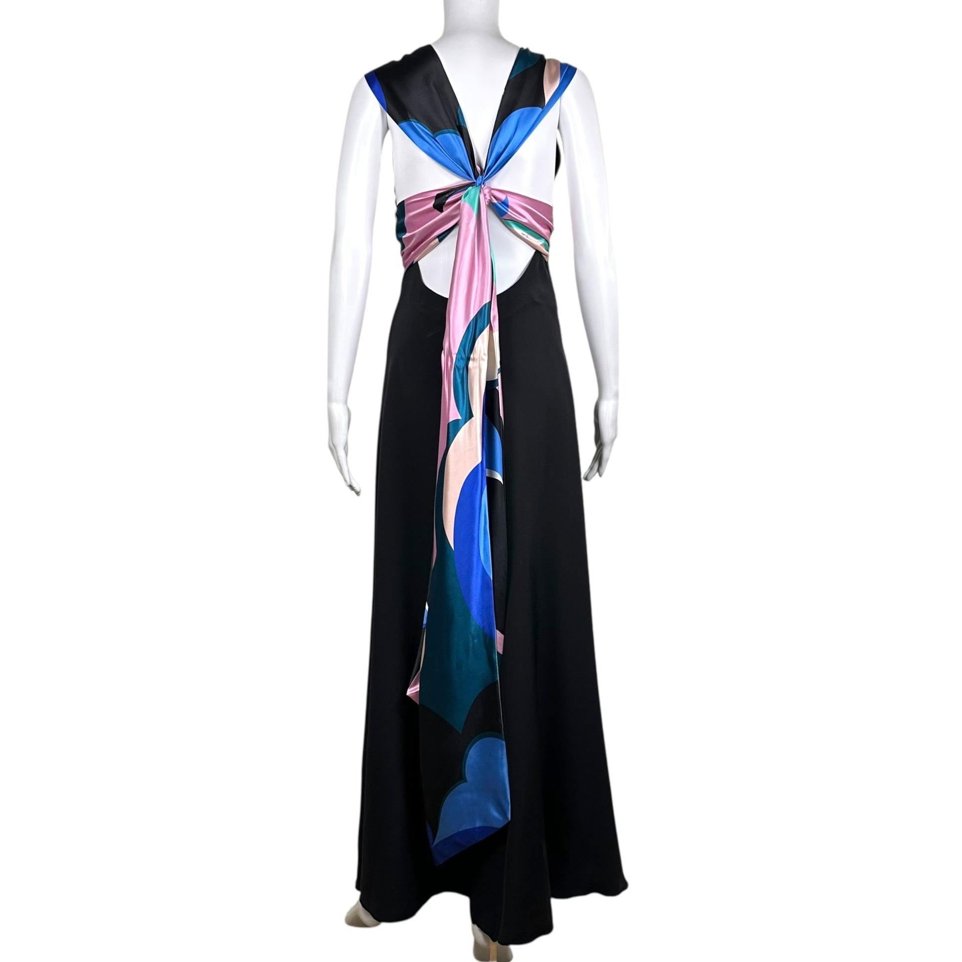 Emilio Pucci Black Maxi Dress Multicolor Silk Tie-Back