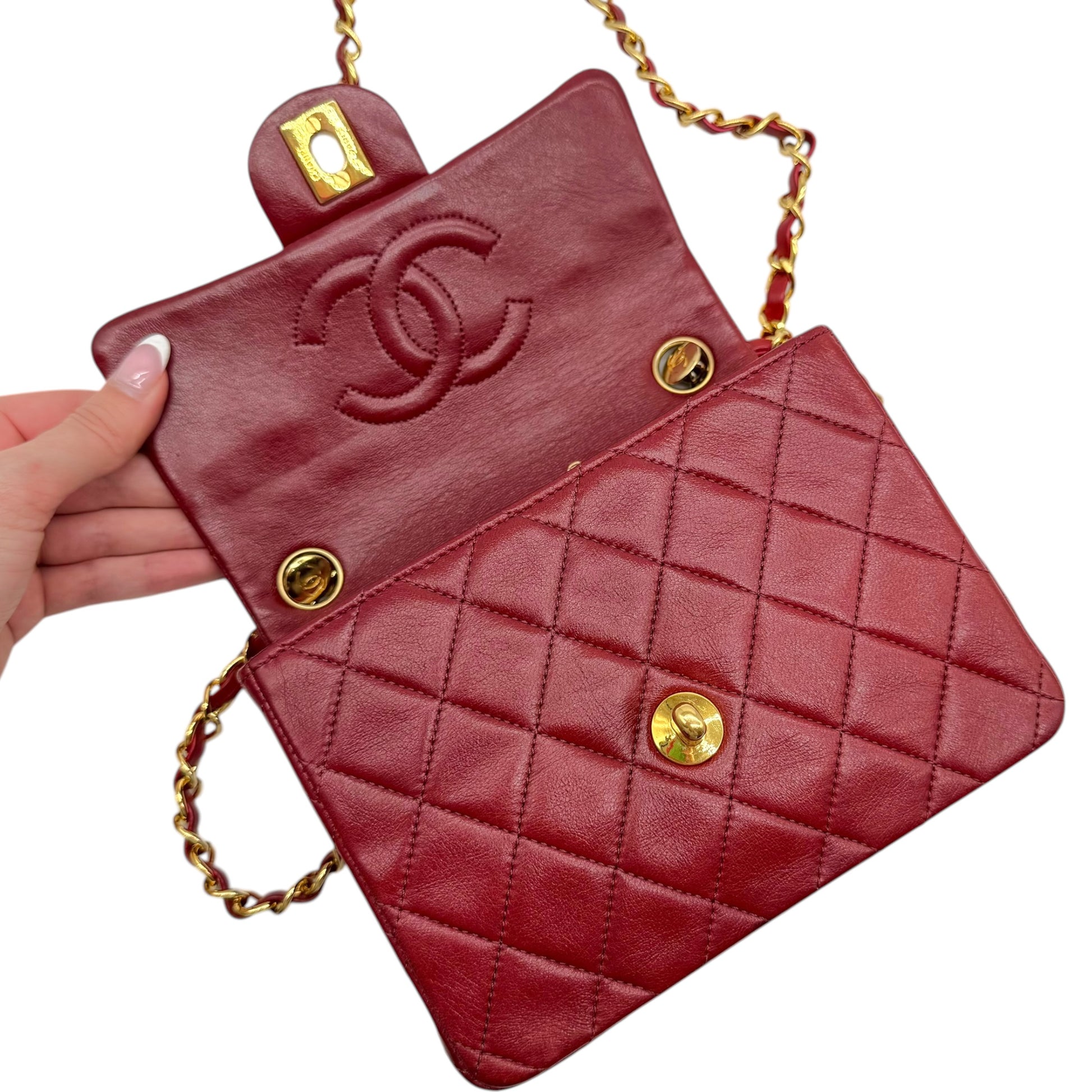 Chanel Small Square Classic Flap Bag Burgundy Gold Leather