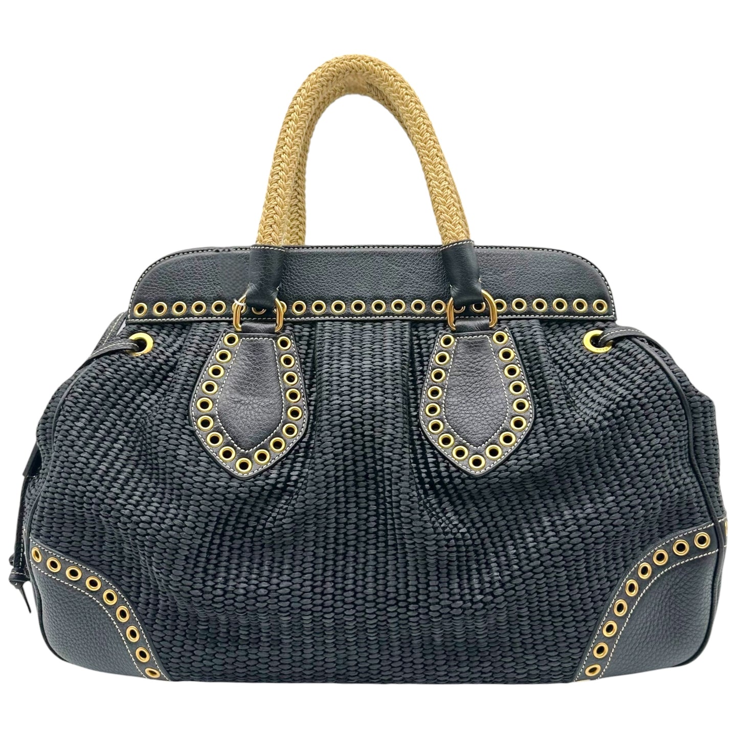 Prada Navy Blue Raffia Rivet Studded Doctors Handbag
