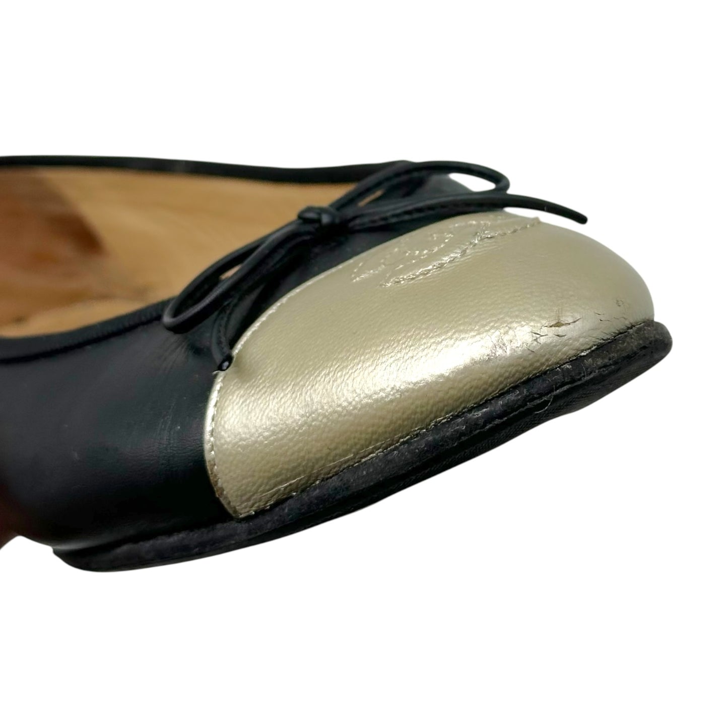 Chanel Metallic Gold & Black Canvas Logo Ballet Flats