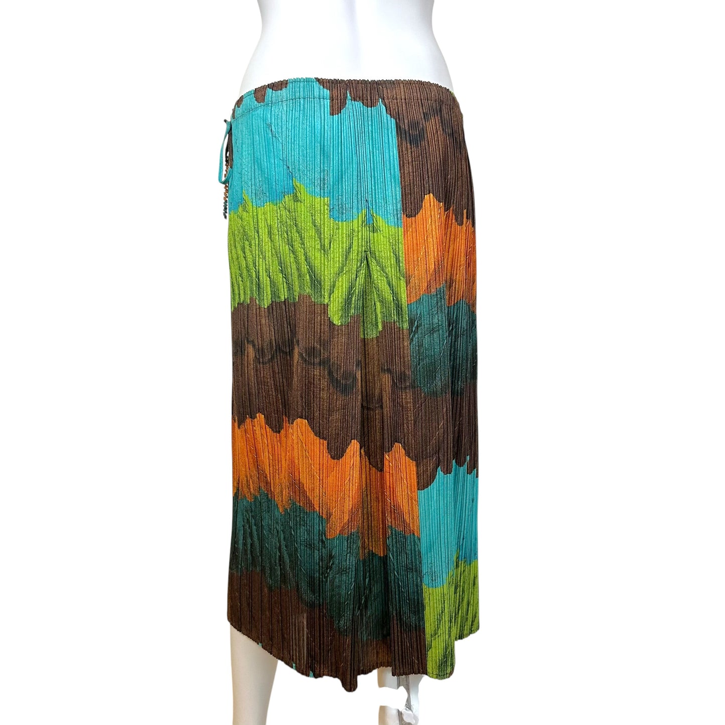 Issey Miyake Pleats Please Turquoise Brown Multi Feather Print Midi Wrap Skirt